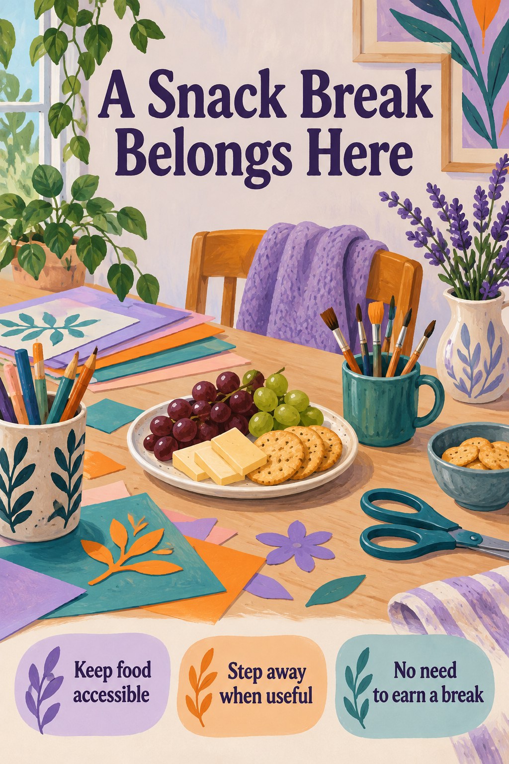 Cheese, crackers, and grapes on a table beside craft materials, with a reminder that a snack break belongs in the day.