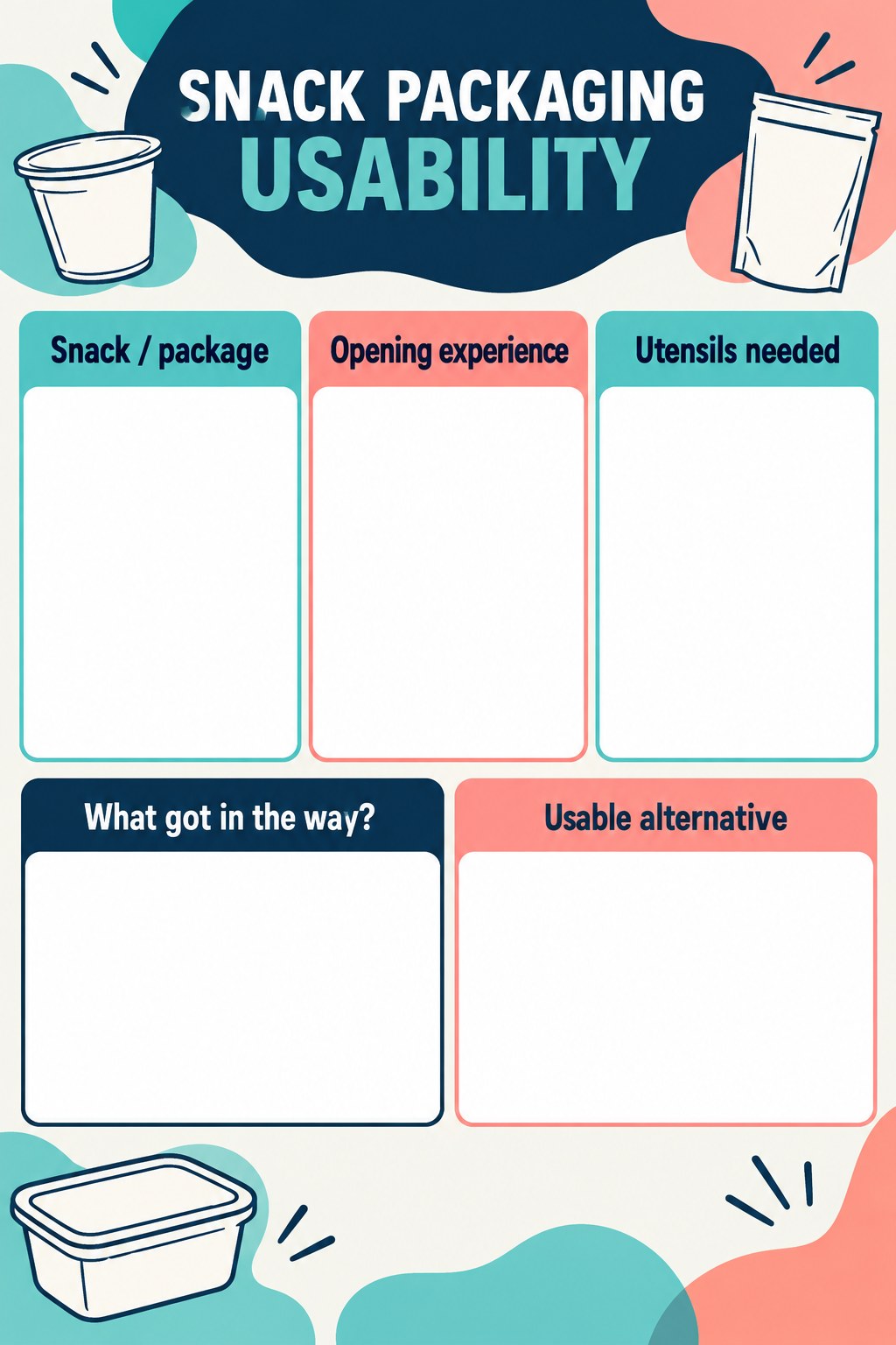Blank protein snack packaging tracker with three cards for snack package, opening, utensils, and alternative.