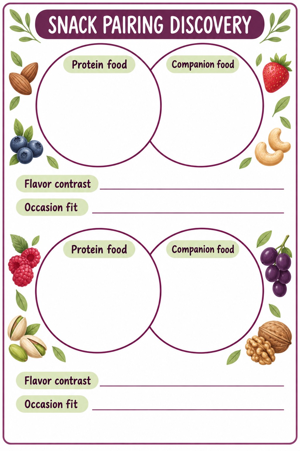 Blank snack pairing tracker with two pairing circles and fields for companion food, flavor contrast, and occasion.