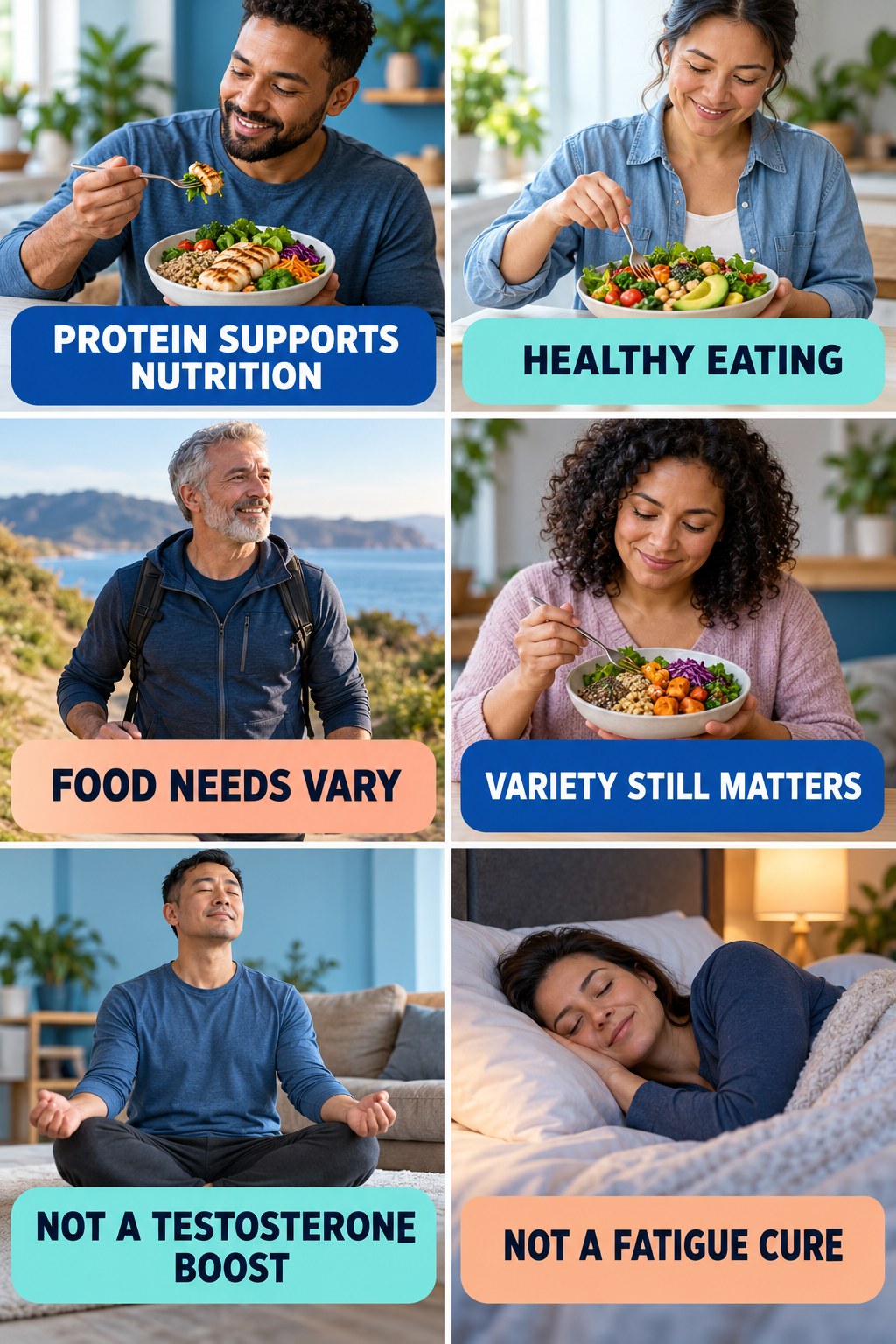 Protein Supports Nutrition, Not Hormone Repair natural-energy and hormone-health-literacy infographic for Healthy Eating with four practical checks.