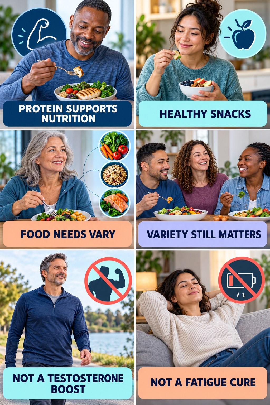 Protein Supports Nutrition, Not Hormone Repair natural-energy and hormone-health-literacy infographic for Healthy Snacks with four practical checks.