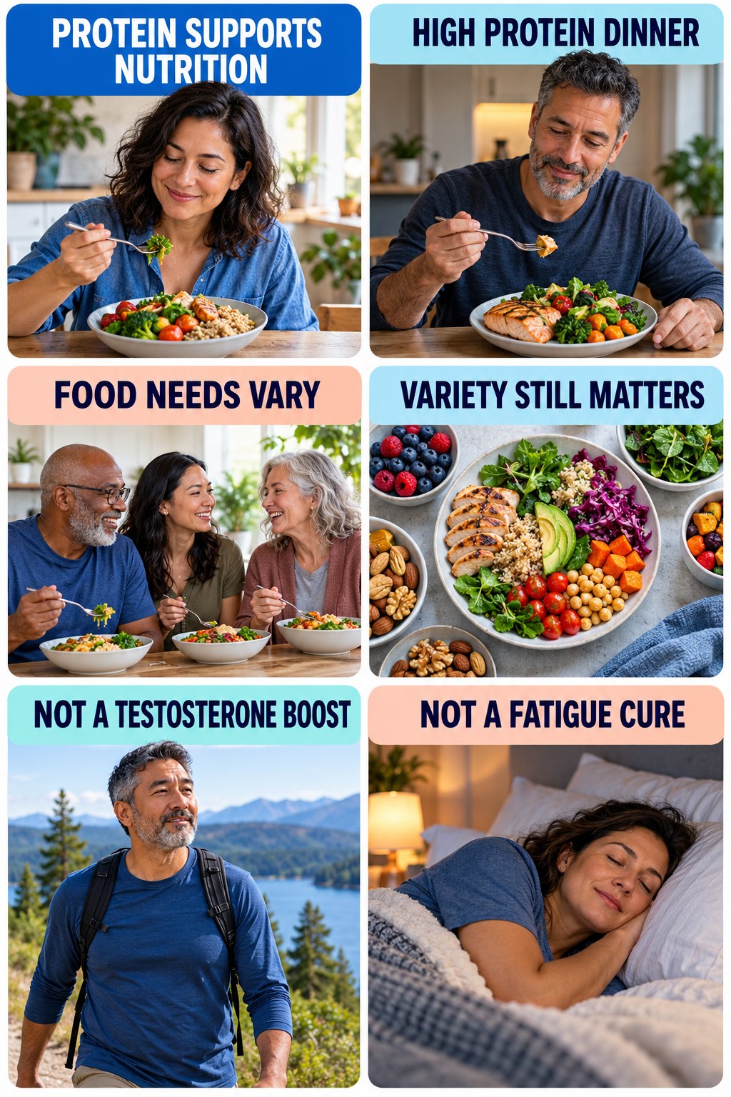 Protein Supports Nutrition, Not Hormone Repair natural-energy and hormone-health-literacy infographic for High Protein Dinner with four practical checks.