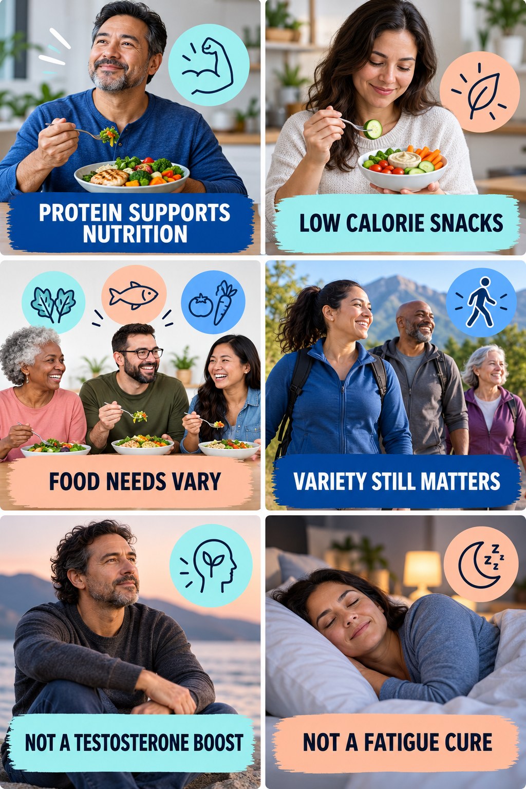 Protein Supports Nutrition, Not Hormone Repair natural-energy and hormone-health-literacy infographic for Low Calorie Snacks with four practical checks.