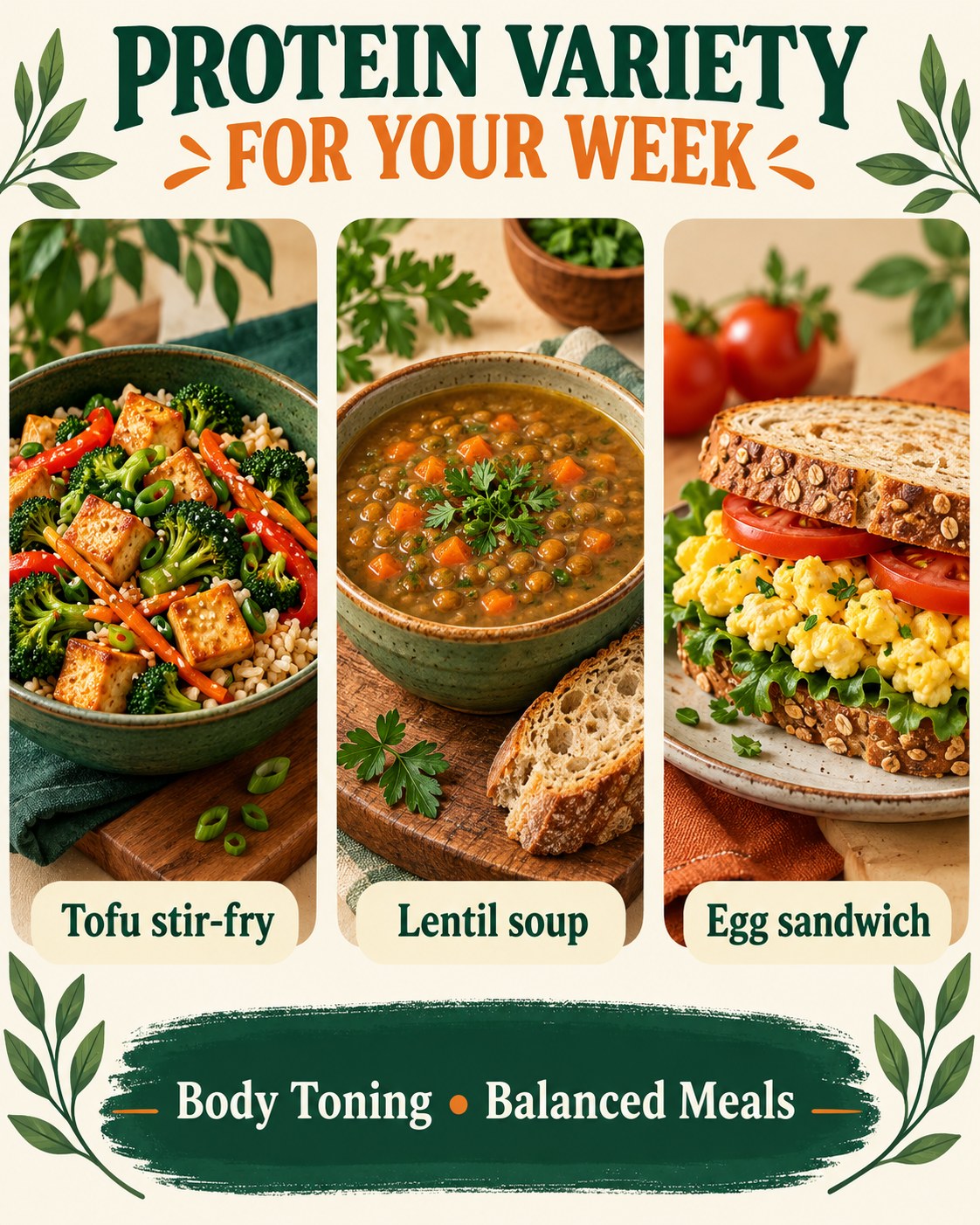 Tofu stir-fry, lentil soup and an egg sandwich shown as varied meal ideas for a strength-training week.