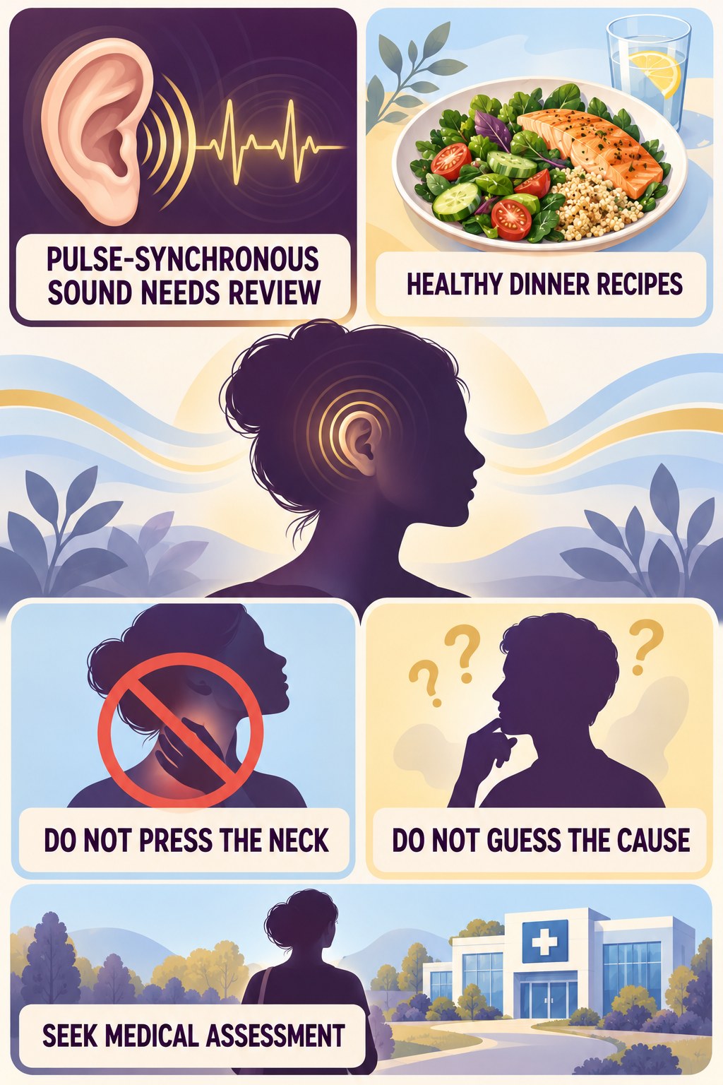 Pulsatile Tinnitus Assessment infographic for Healthy Dinner Recipes with four concise evaluation-guidance points.