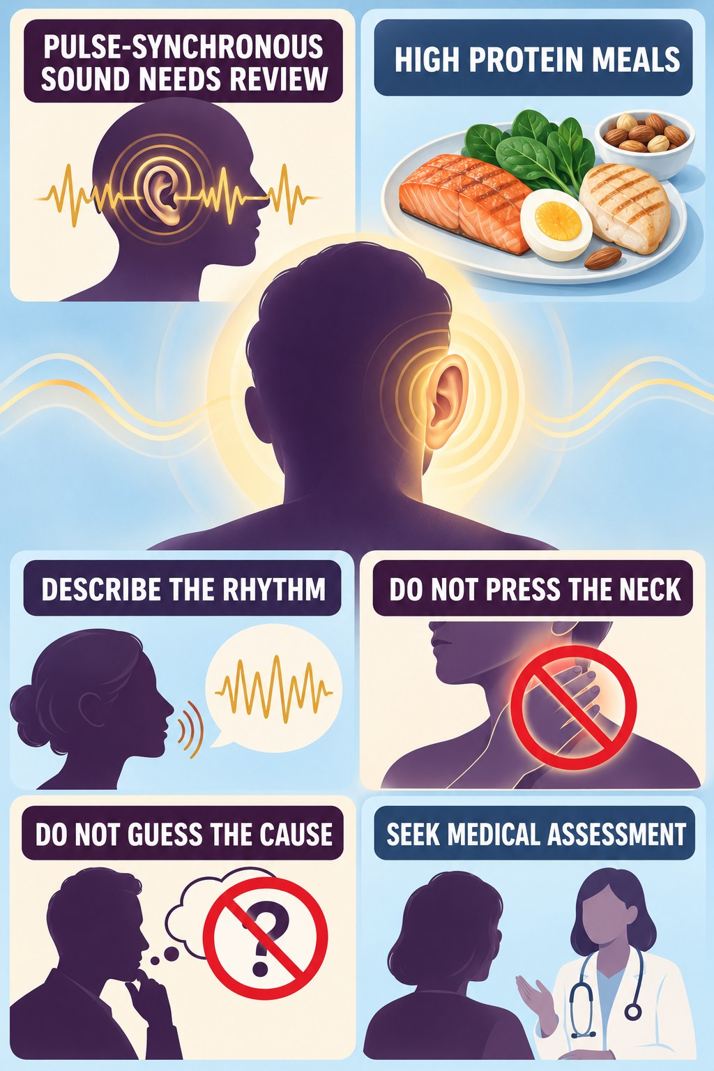 Pulsatile Tinnitus Assessment infographic for High Protein Meals with four concise evaluation-guidance points.