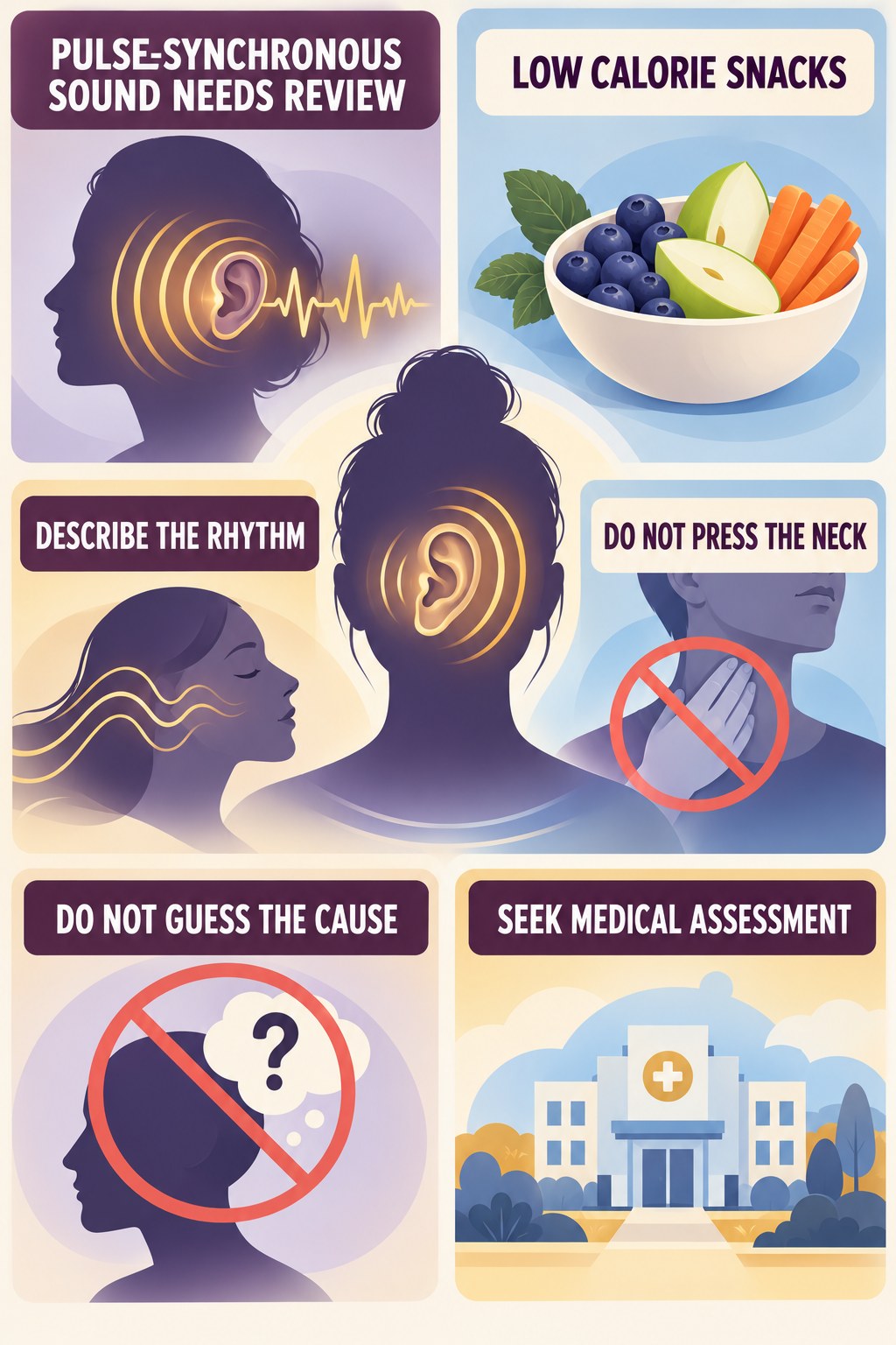 Pulsatile Tinnitus Assessment infographic for Low Calorie Snacks with four concise evaluation-guidance points.