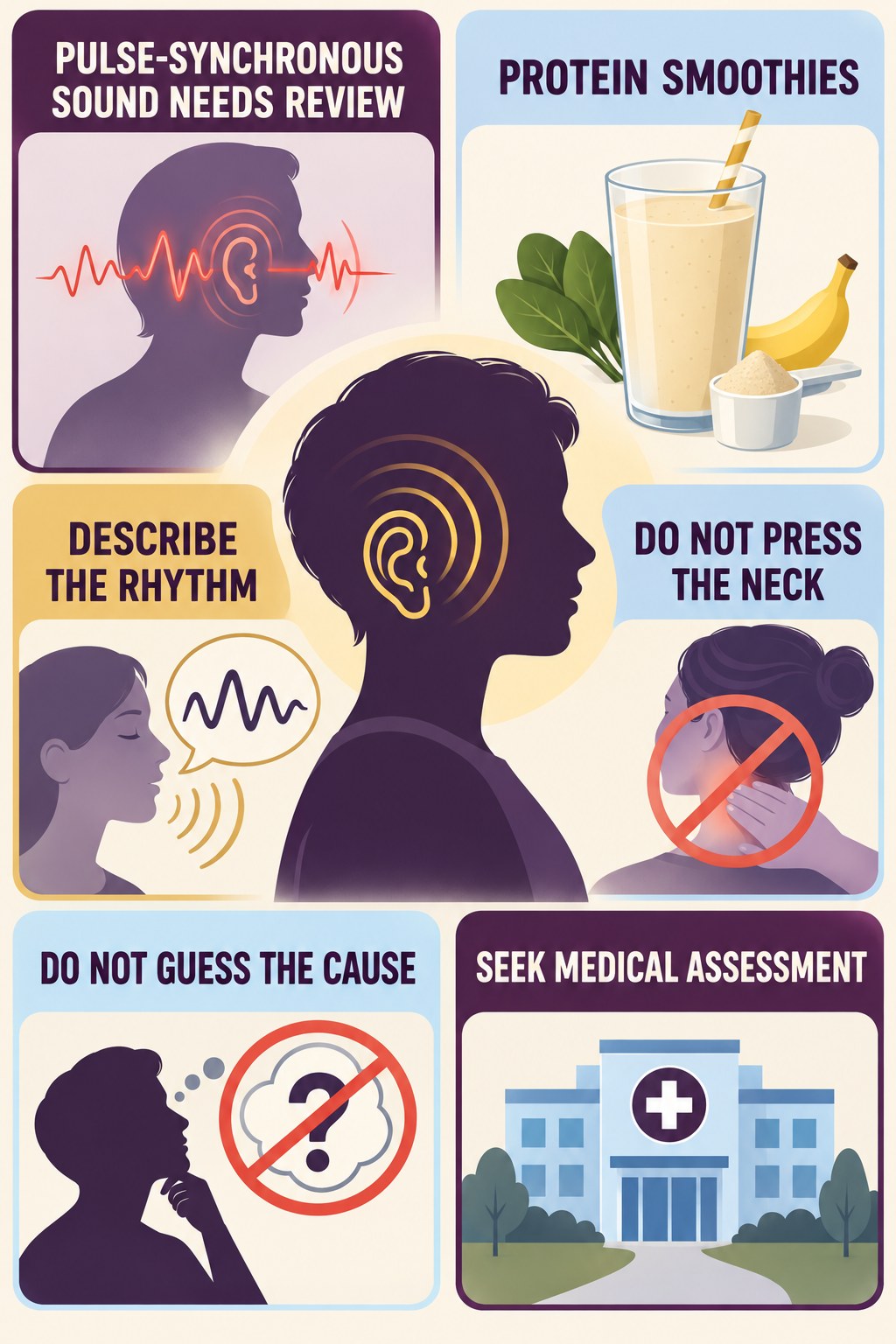 Pulsatile Tinnitus Assessment infographic for Protein Smoothies with four concise evaluation-guidance points.