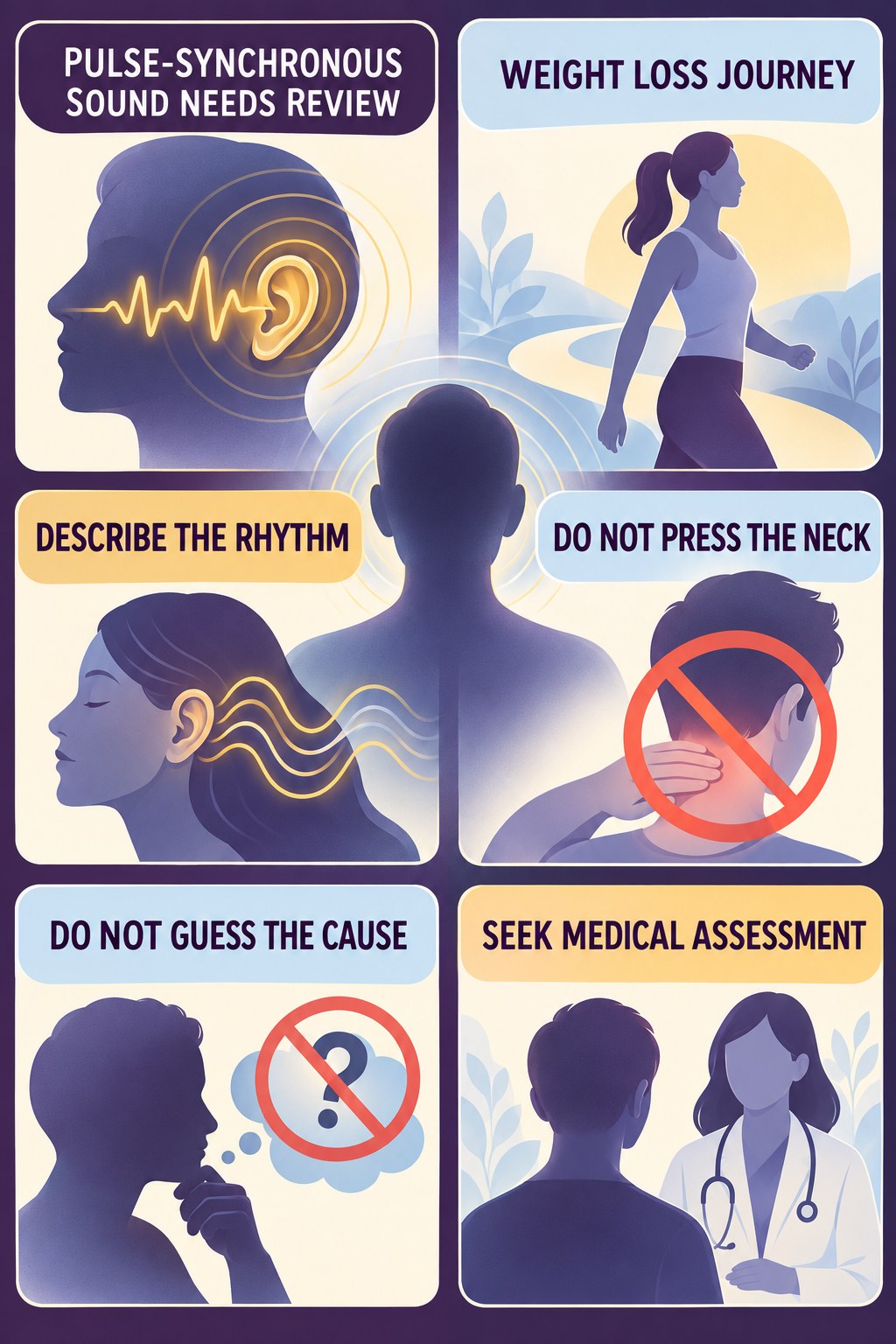 Pulsatile Tinnitus Assessment infographic for Weight Loss Journey with four concise evaluation-guidance points.