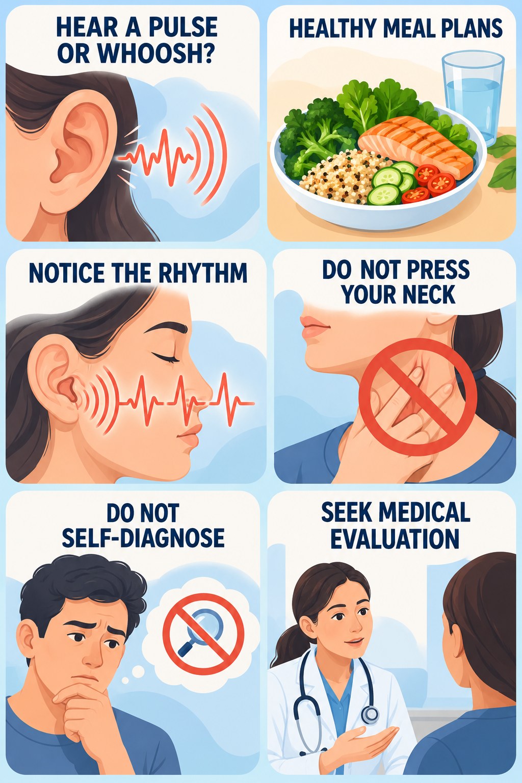 Pulsatile Tinnitus Awareness infographic for Healthy Meal Plans with four concise tinnitus-awareness points.