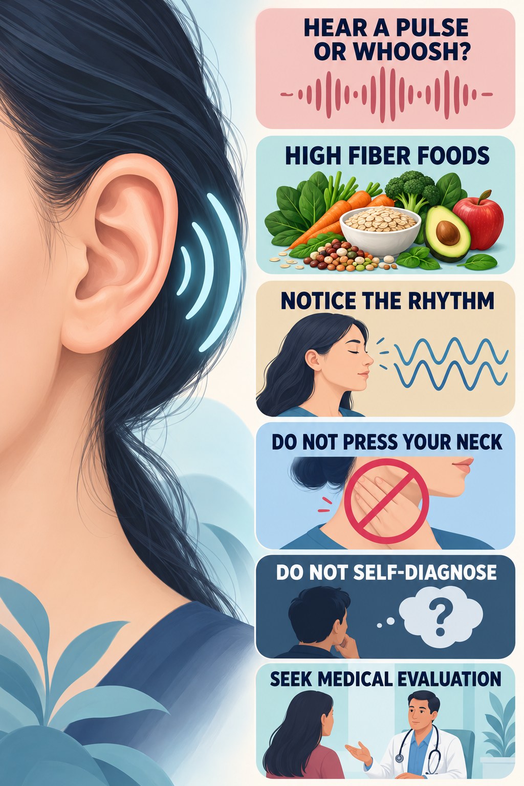 Pulsatile Tinnitus Awareness infographic for High Fiber Foods with four concise tinnitus-awareness points.