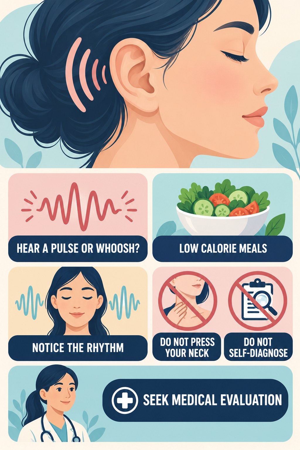 Pulsatile Tinnitus Awareness infographic for Low Calorie Meals with four concise tinnitus-awareness points.