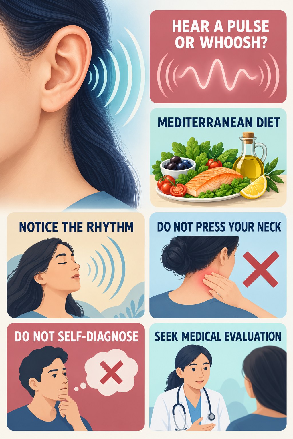 Pulsatile Tinnitus Awareness infographic for Mediterranean Diet with four concise tinnitus-awareness points.