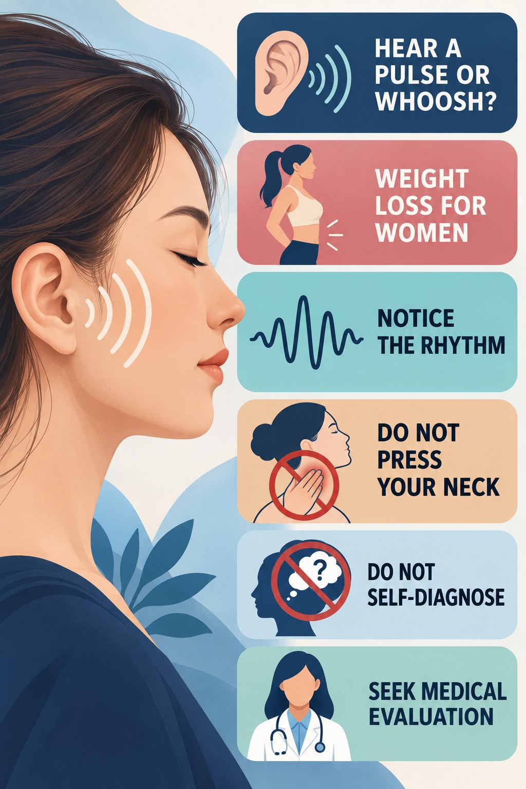 Pulsatile Tinnitus Awareness infographic for Weight Loss for Women with four concise tinnitus-awareness points.