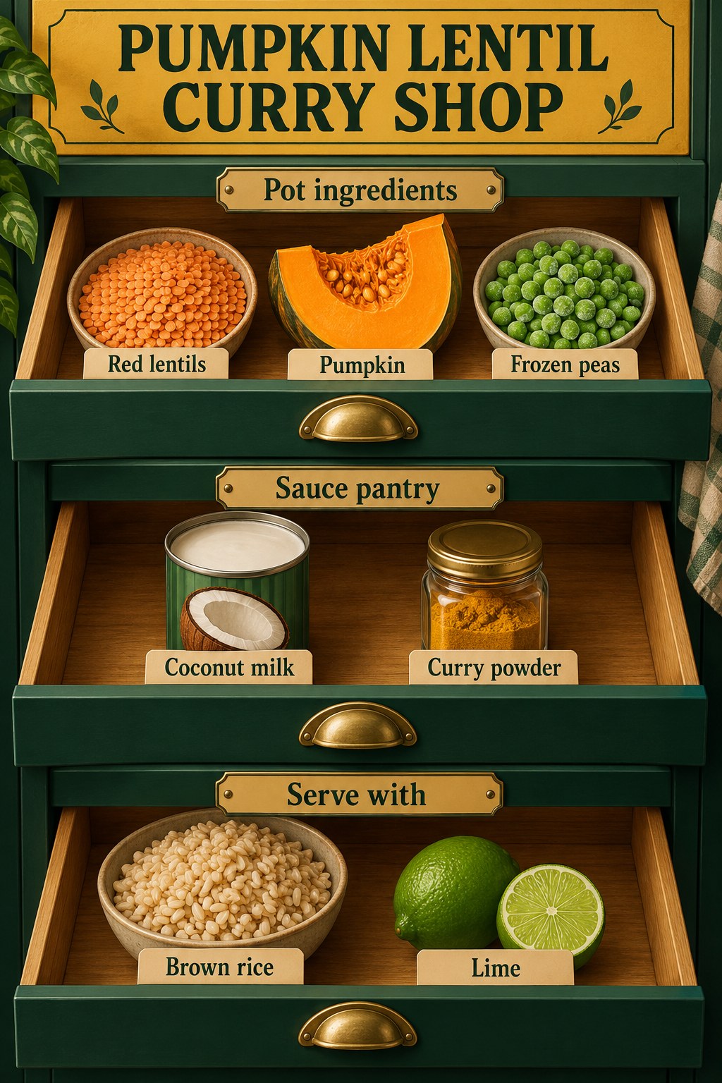 Gold and green pantry drawers listing red lentils, pumpkin, frozen peas, coconut milk, curry powder, brown rice and lime.