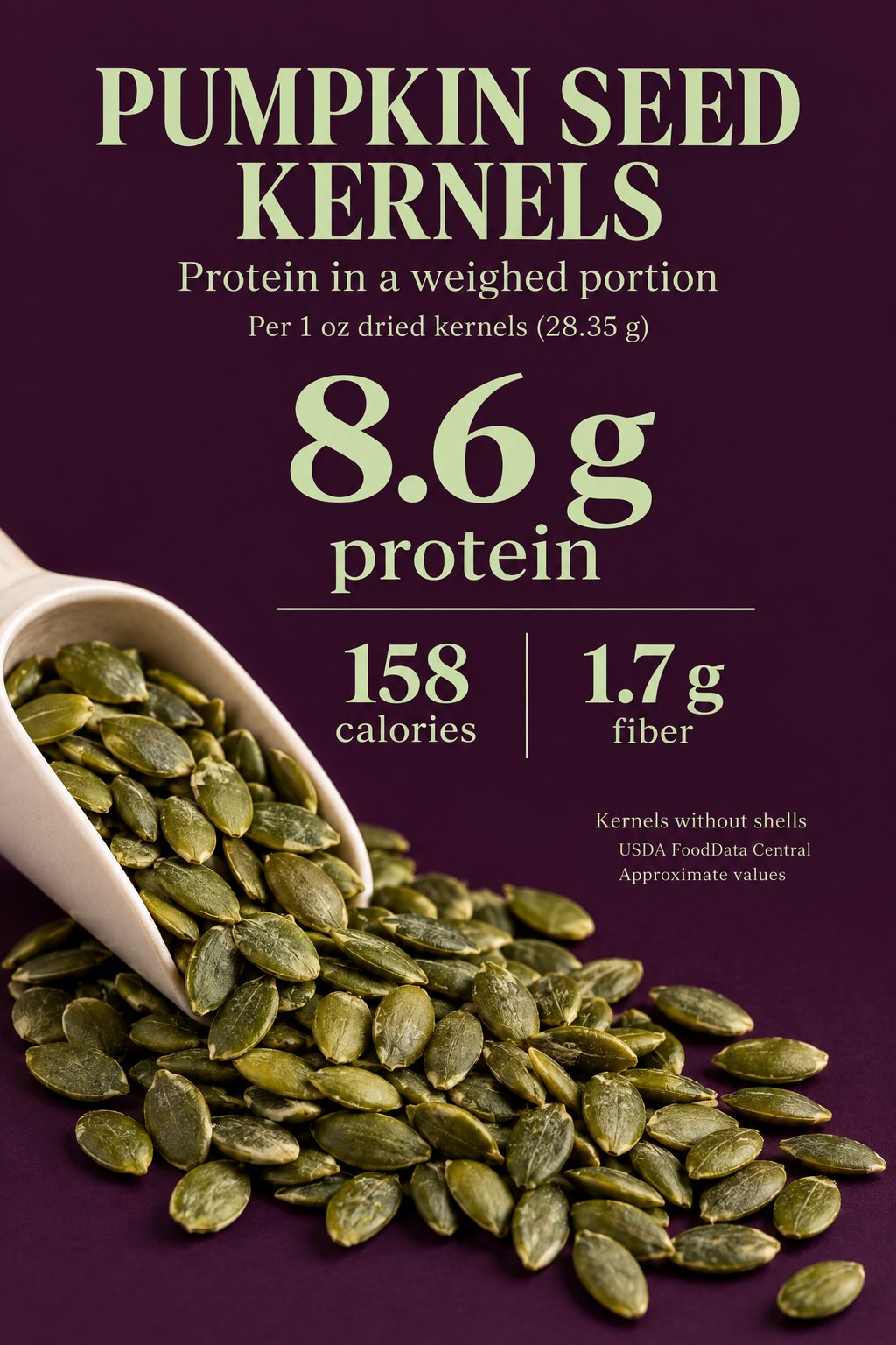 Pumpkin seed kernel card showing 8.6 grams protein, 158 calories and 1.7 grams fiber per ounce of dried kernels weighing 28.35 grams.