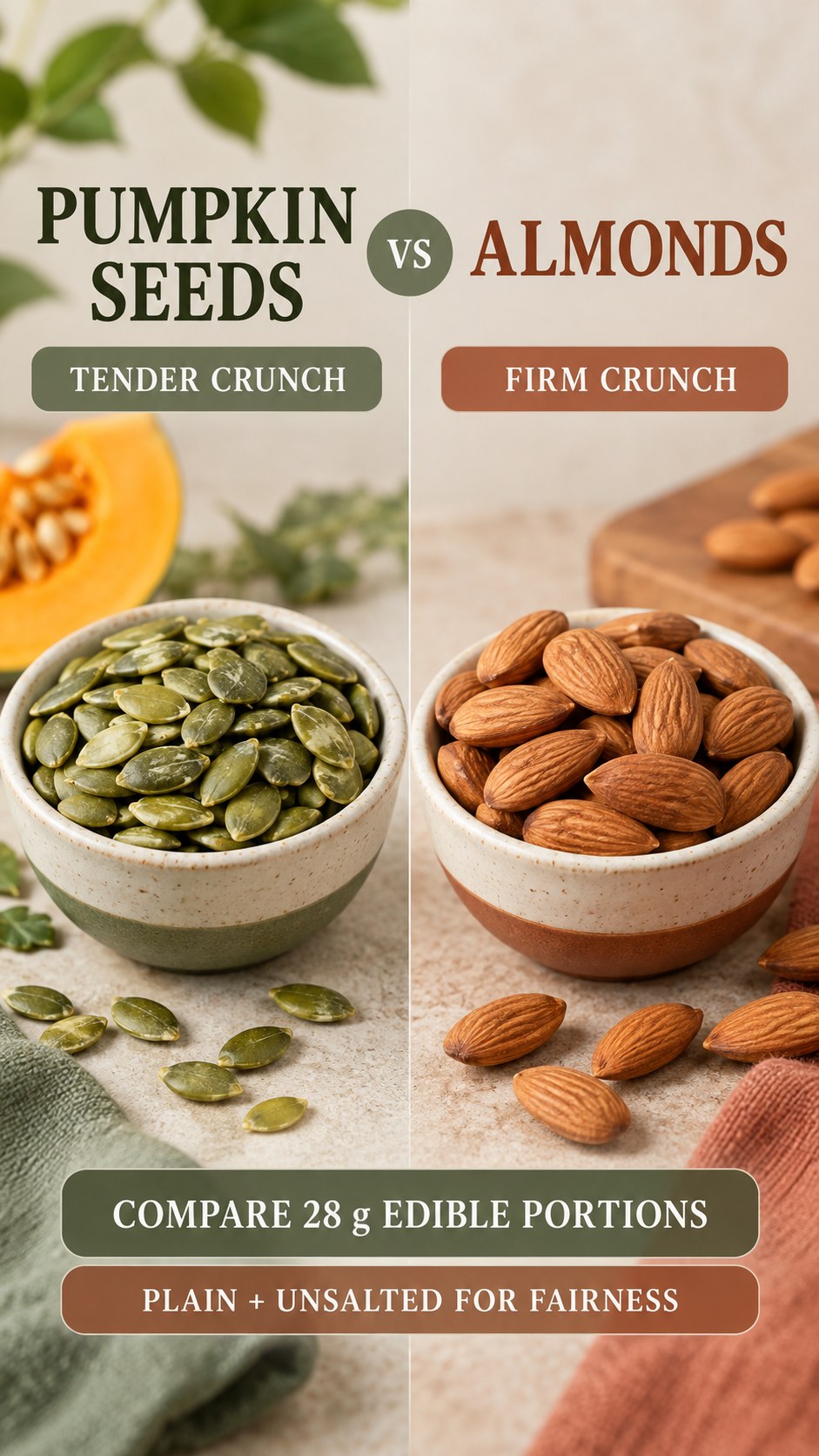 Plain pumpkin seed kernels and almonds in equal 28 g portions, compared for texture, preparation, and snack use.