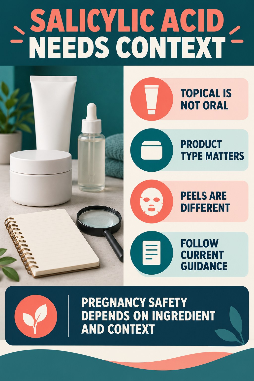 Put Salicylic Acid in Context pregnancy skincare ingredient-question infographic for Low Calorie Meals with four careful label-review points.
