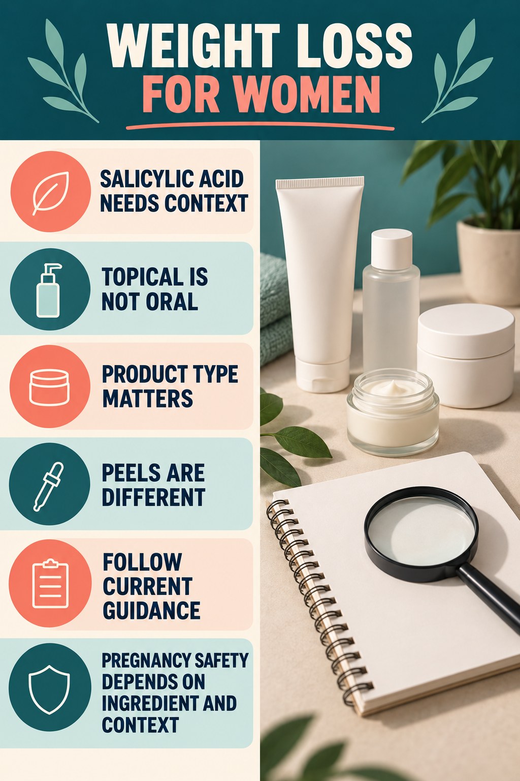 Put Salicylic Acid in Context pregnancy skincare ingredient-question infographic for Weight Loss for Women with four careful label-review points.