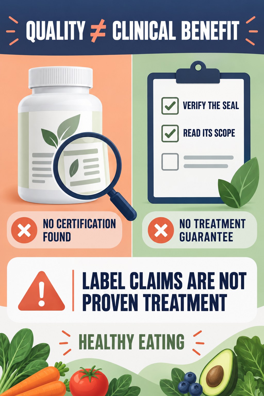 Quality Language Is Not Clinical Proof prostate supplement label-literacy infographic for Healthy Eating with four careful reading points.