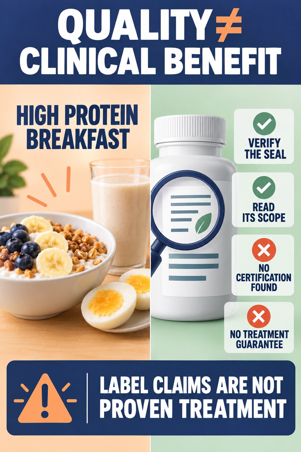 Quality Language Is Not Clinical Proof prostate supplement label-literacy infographic for High Protein Breakfast with four careful reading points.