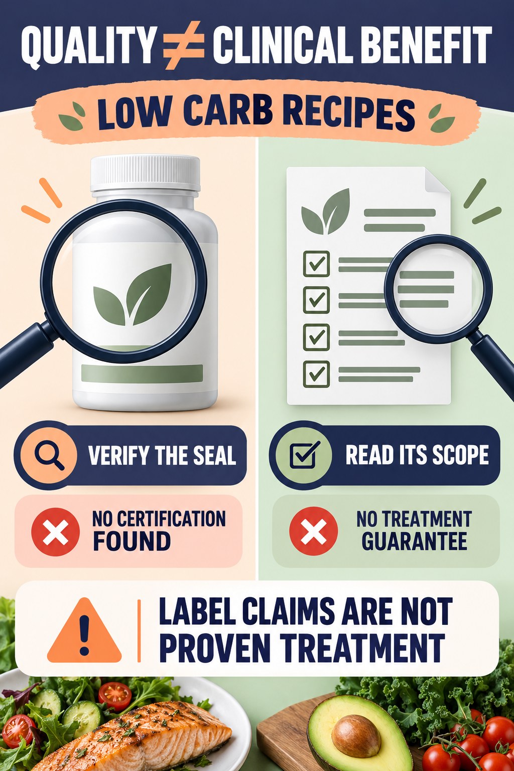 Quality Language Is Not Clinical Proof prostate supplement label-literacy infographic for Low Carb Recipes with four careful reading points.