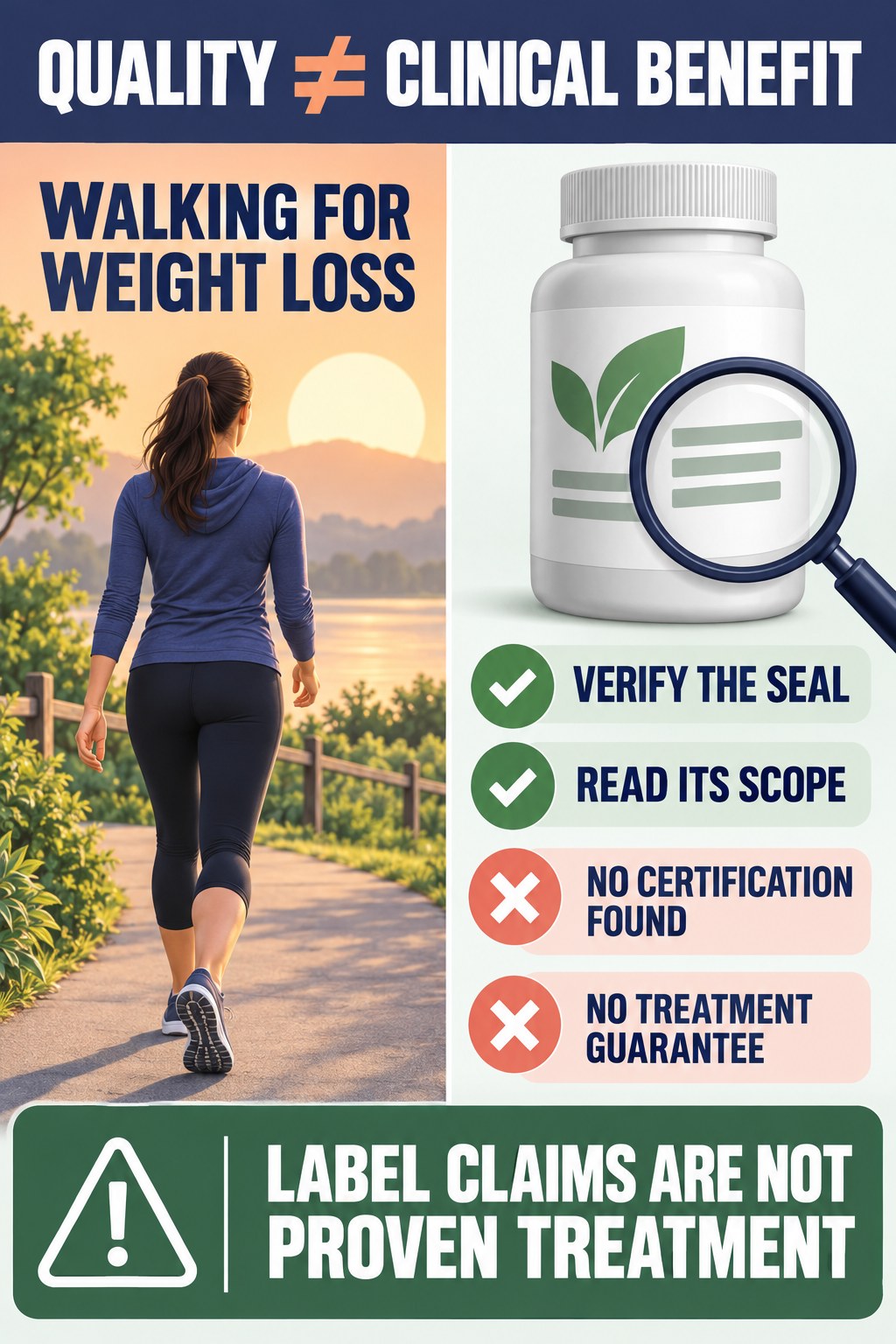 Quality Language Is Not Clinical Proof prostate supplement label-literacy infographic for Walking for Weight Loss with four careful reading points.