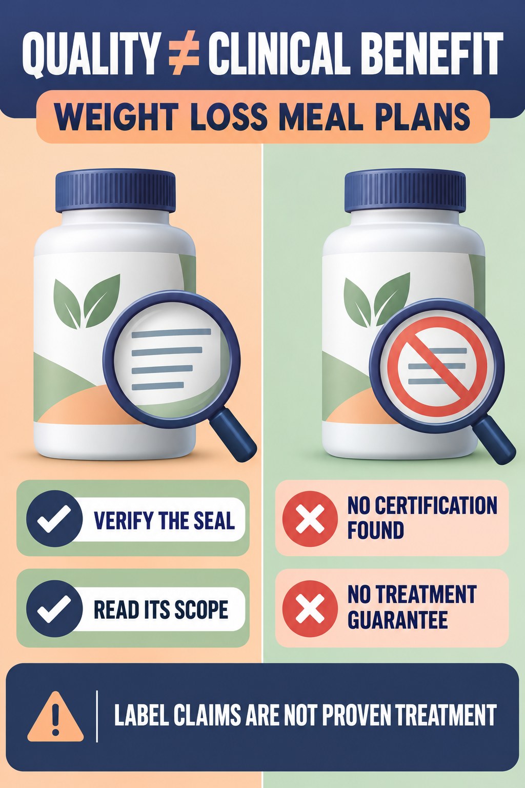 Quality Language Is Not Clinical Proof prostate supplement label-literacy infographic for Weight Loss Meal Plans with four careful reading points.