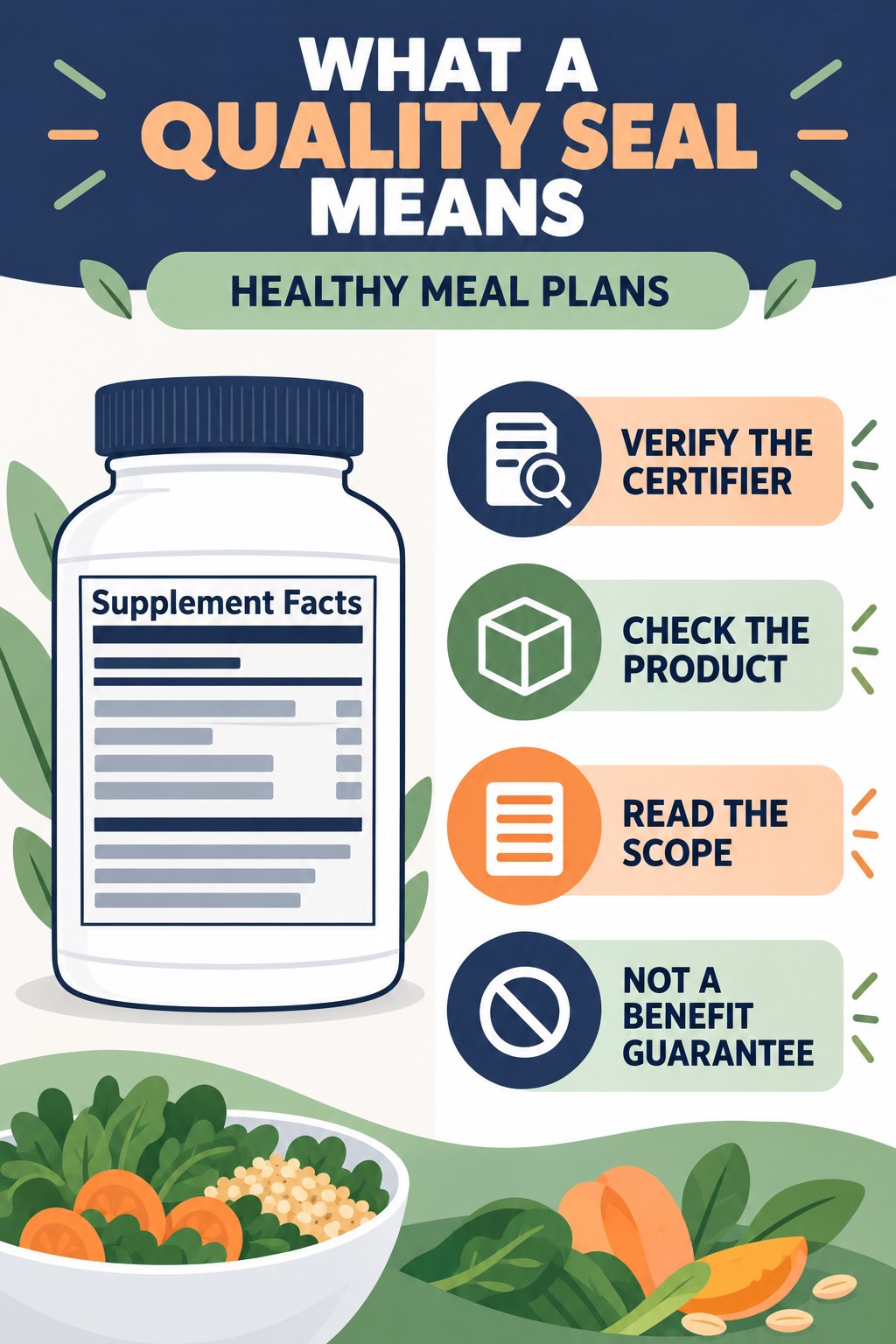 Quality Seals Have a Defined Scope infographic for Healthy Meal Plans with four concise probiotic-label reading points.