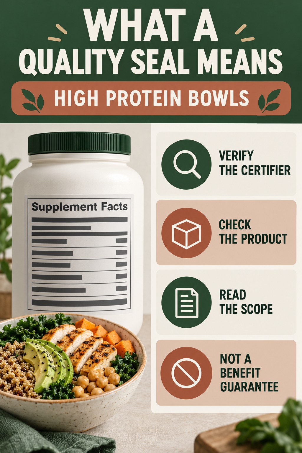 Quality Seals Have a Defined Scope infographic for High Protein Bowls with four concise probiotic-label reading points.