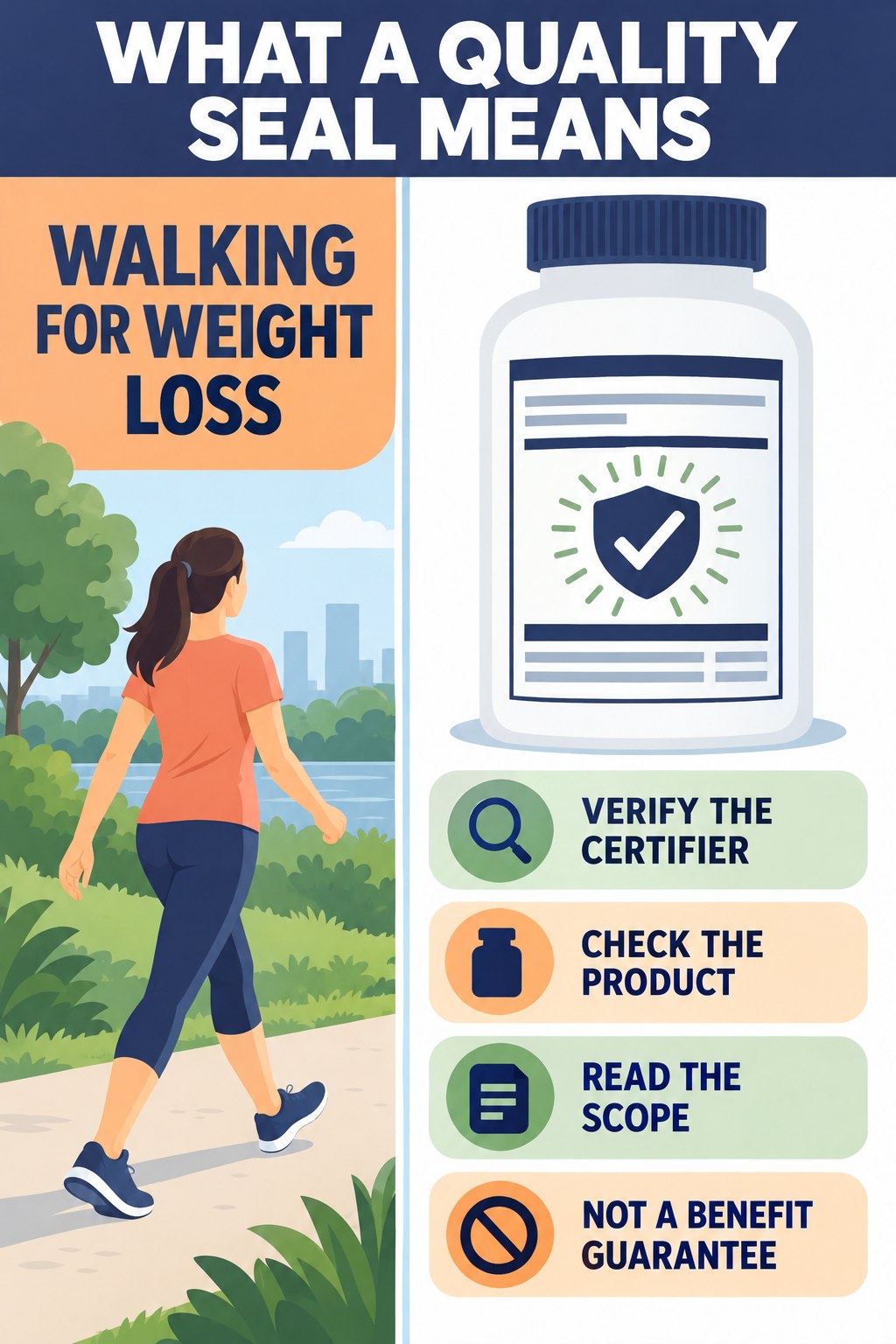 Quality Seals Have a Defined Scope infographic for Walking for Weight Loss with four concise probiotic-label reading points.