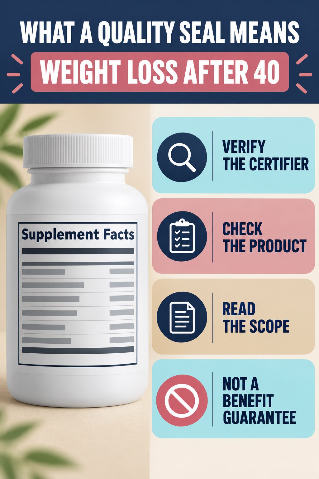 Quality Seals Have a Defined Scope infographic for Weight Loss After 40 with four concise probiotic-label reading points.