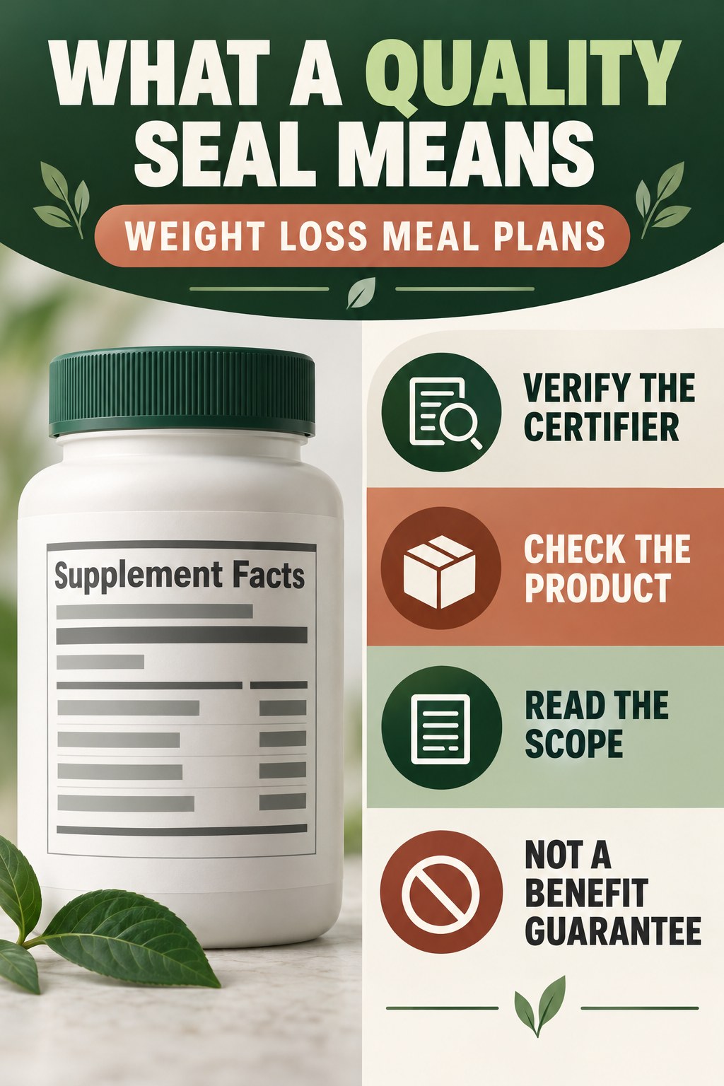 Quality Seals Have a Defined Scope infographic for Weight Loss Meal Plans with four concise probiotic-label reading points.