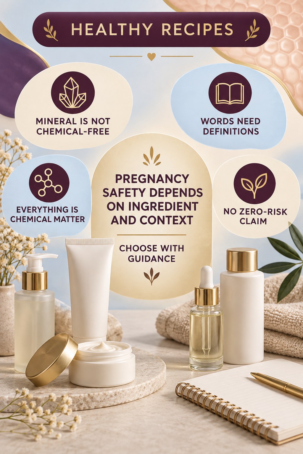 Question the Phrase Mineral and Chemical-Free pregnancy skincare ingredient-question infographic for Healthy Recipes with four careful label-review points.