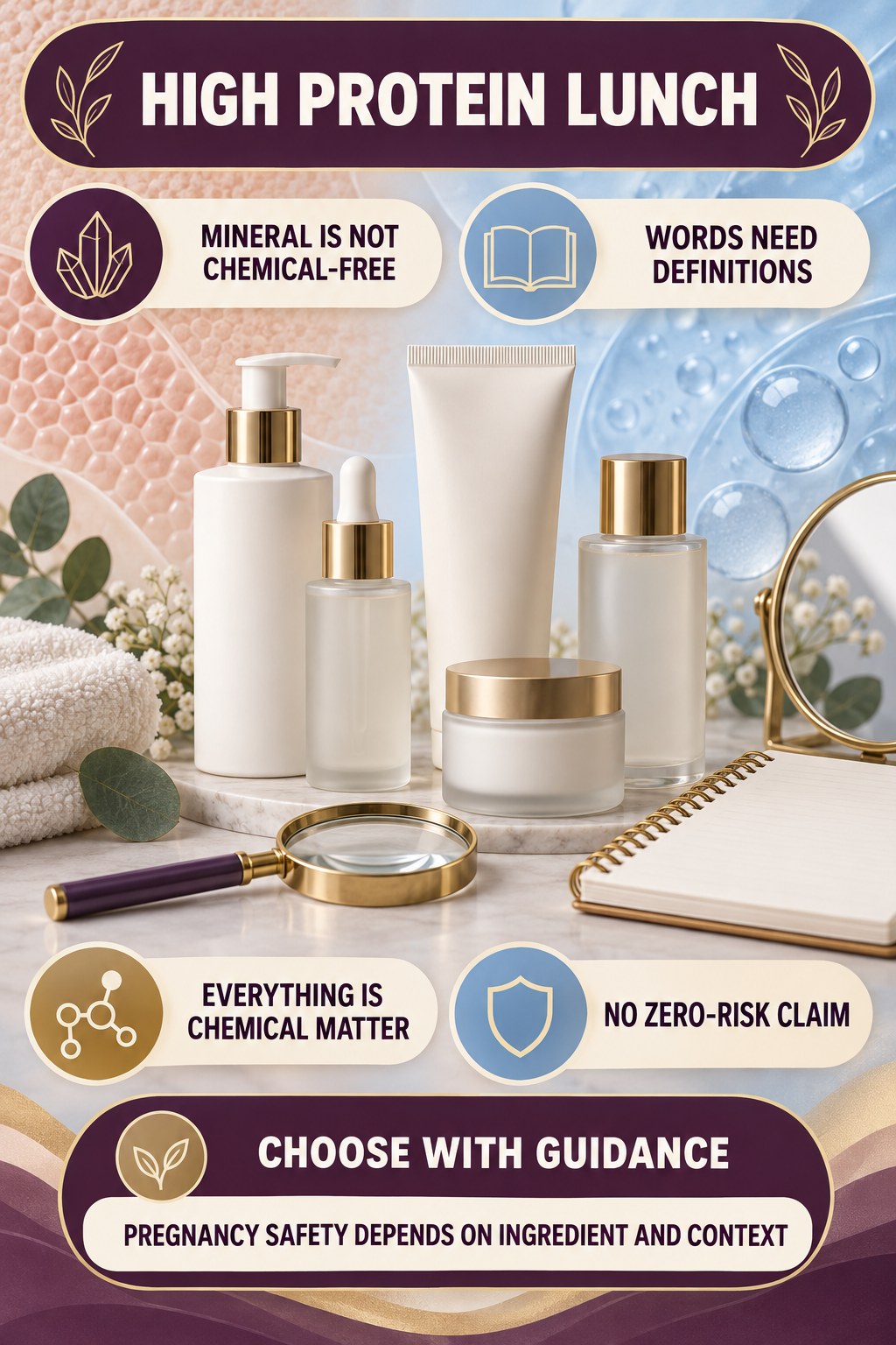 Question the Phrase Mineral and Chemical-Free pregnancy skincare ingredient-question infographic for High Protein Lunch with four careful label-review points.