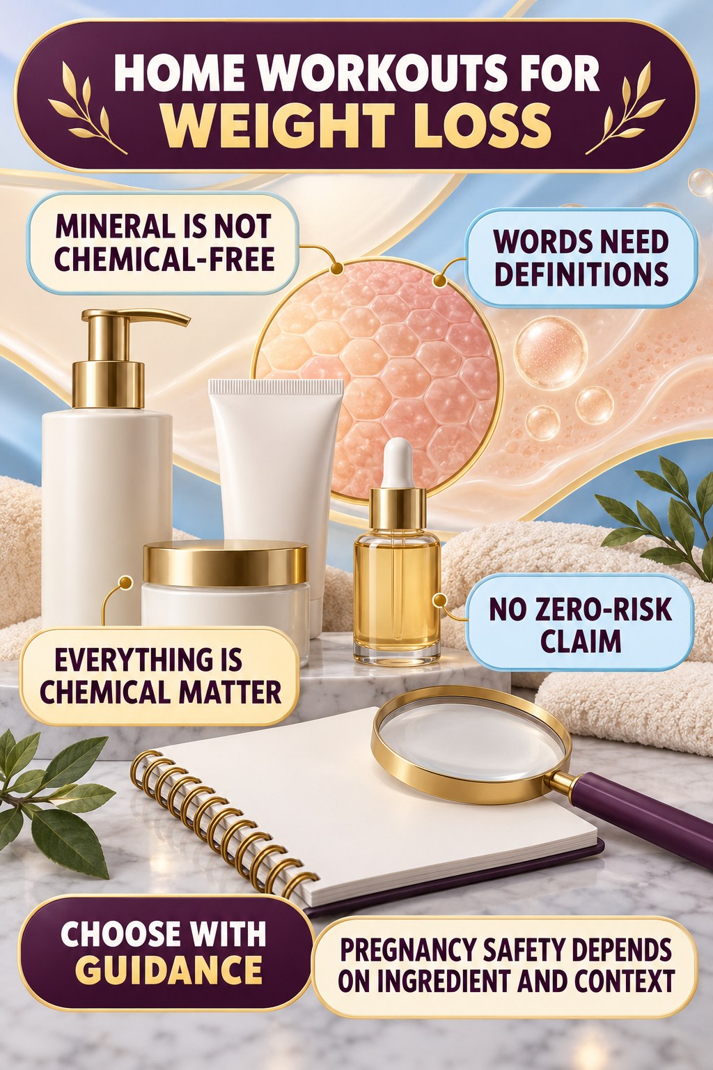 Question the Phrase Mineral and Chemical-Free pregnancy skincare ingredient-question infographic for Home Workouts for Weight Loss with four careful label-review points.