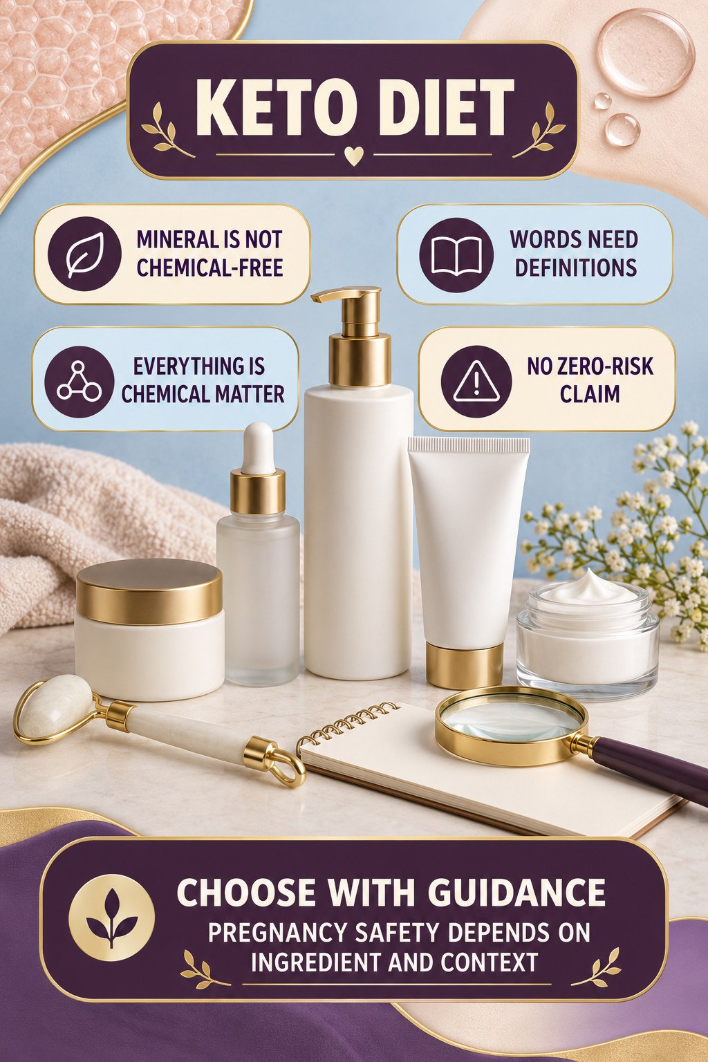 Question the Phrase Mineral and Chemical-Free pregnancy skincare ingredient-question infographic for Keto Diet with four careful label-review points.