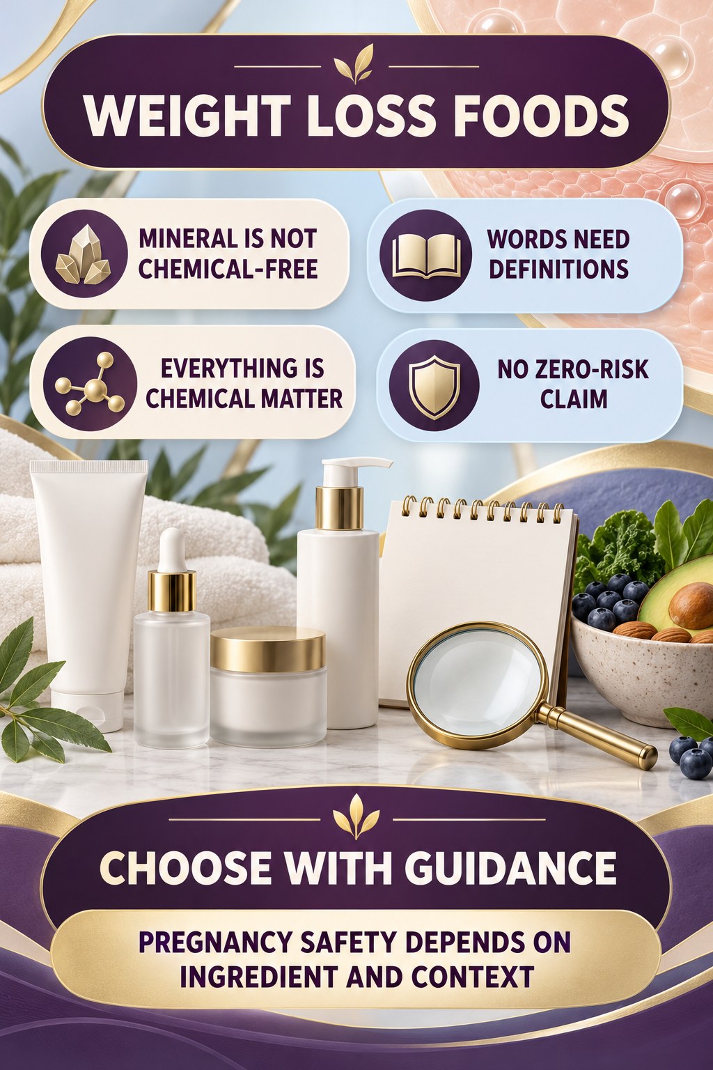 Question the Phrase Mineral and Chemical-Free pregnancy skincare ingredient-question infographic for Weight Loss Foods with four careful label-review points.