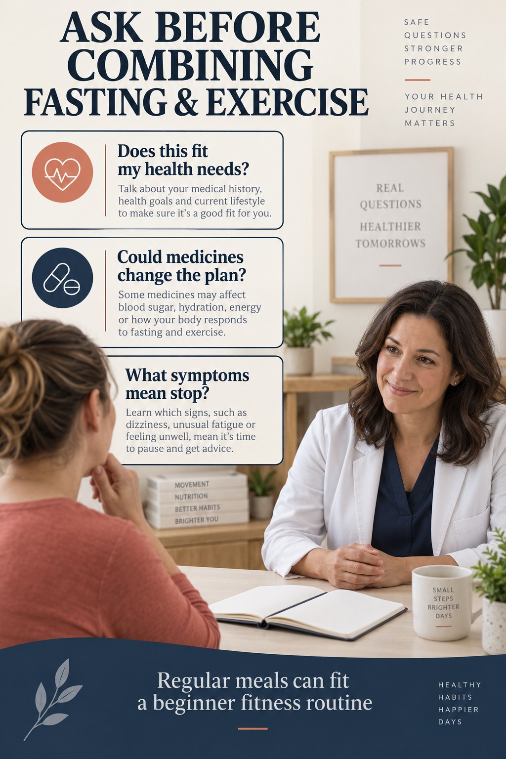 A woman talks with a clinician beside three questions about health needs, medicines, and symptoms when combining fasting and exercise.