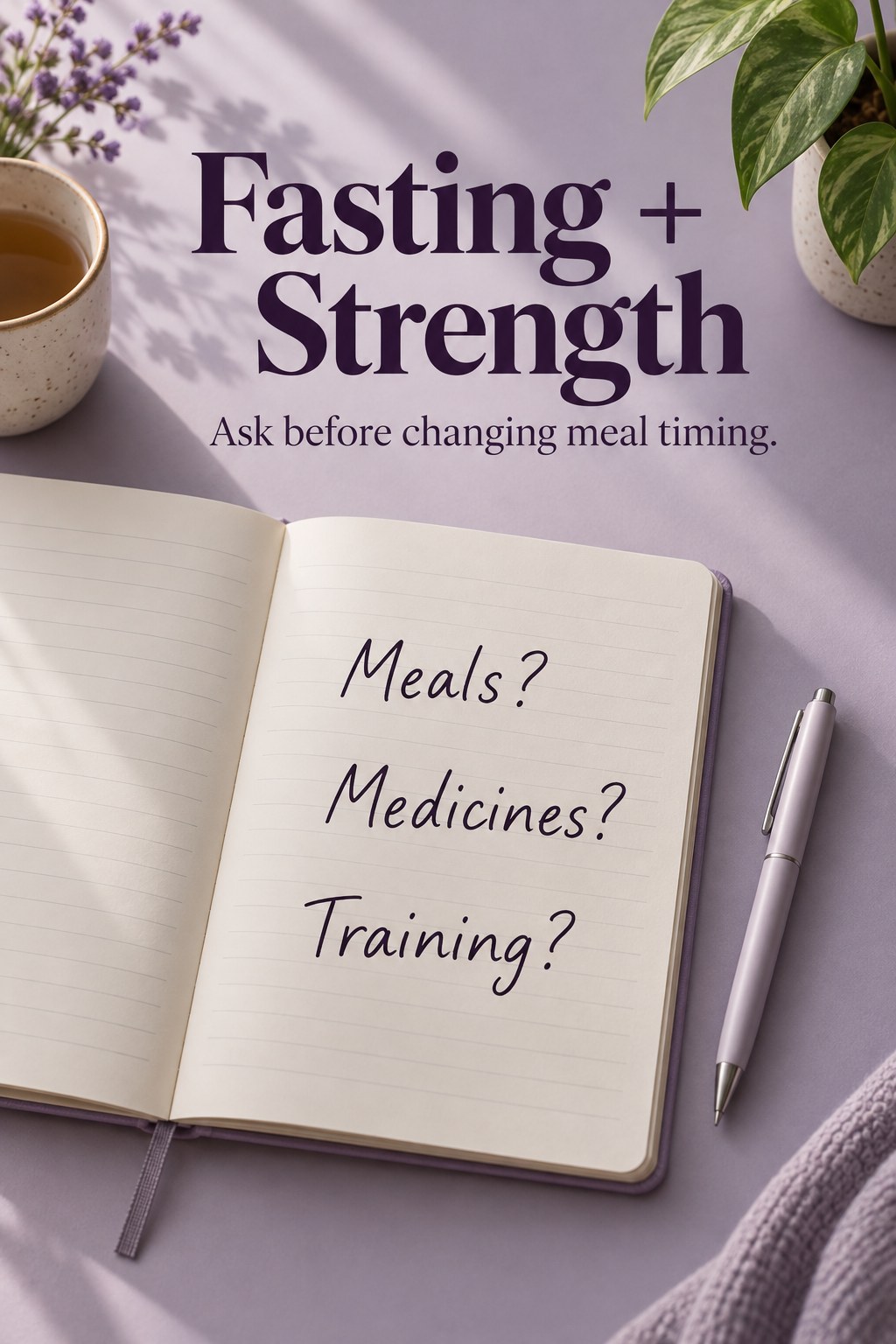 Notebook with three questions about meals, medicines, and training beside a pen.
