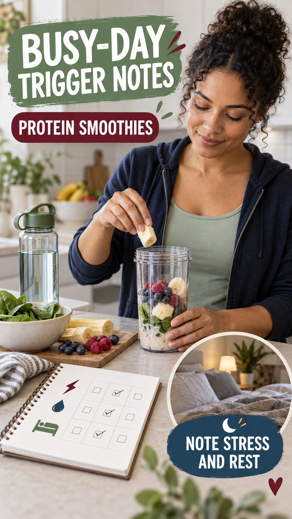 Busy-Day Trigger Notes infographic for Protein Smoothies, explaining that possible cold-sore triggers vary by person.