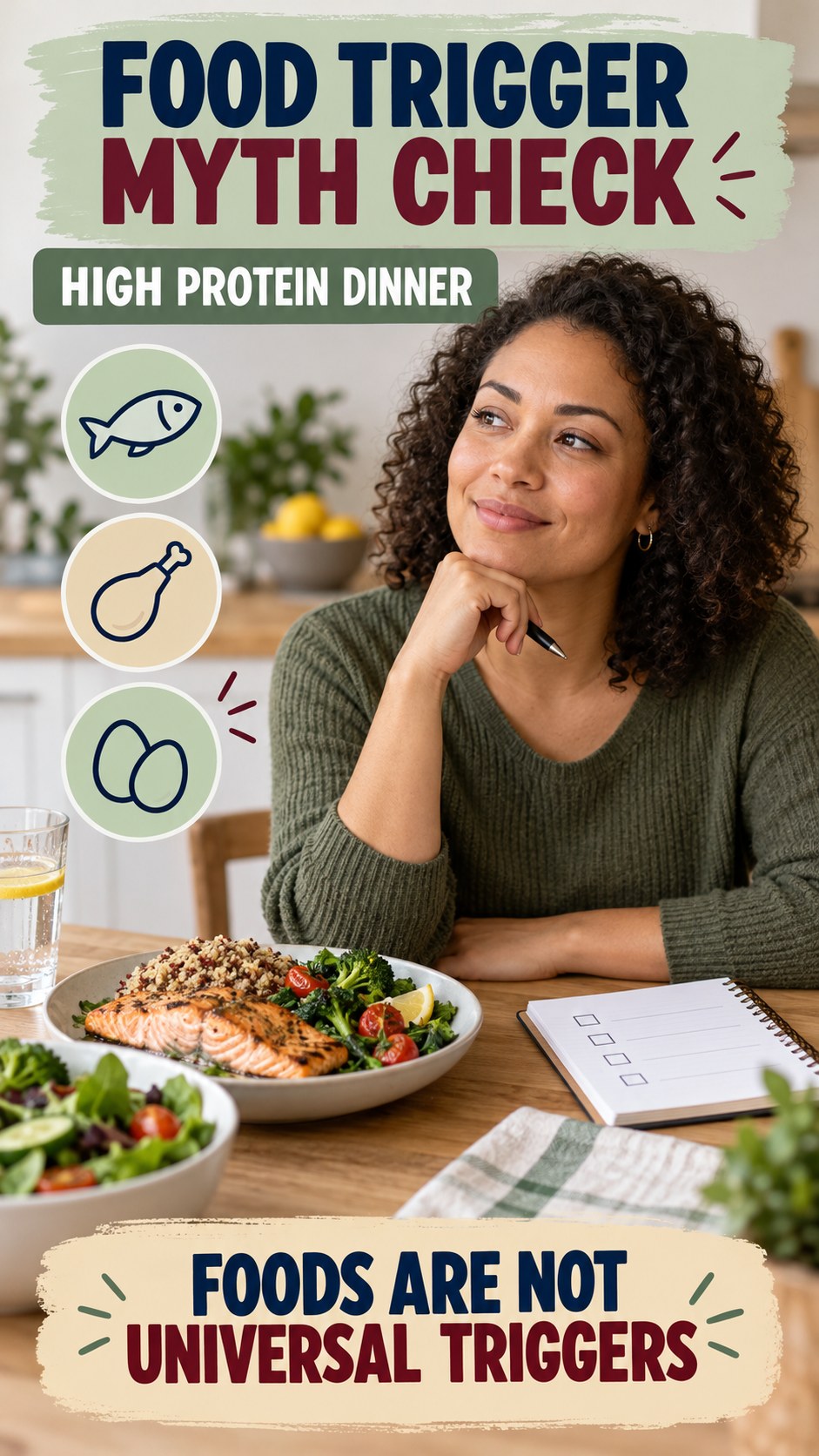 Food Trigger Myth Check infographic for High Protein Dinner, explaining that possible cold-sore triggers vary by person.