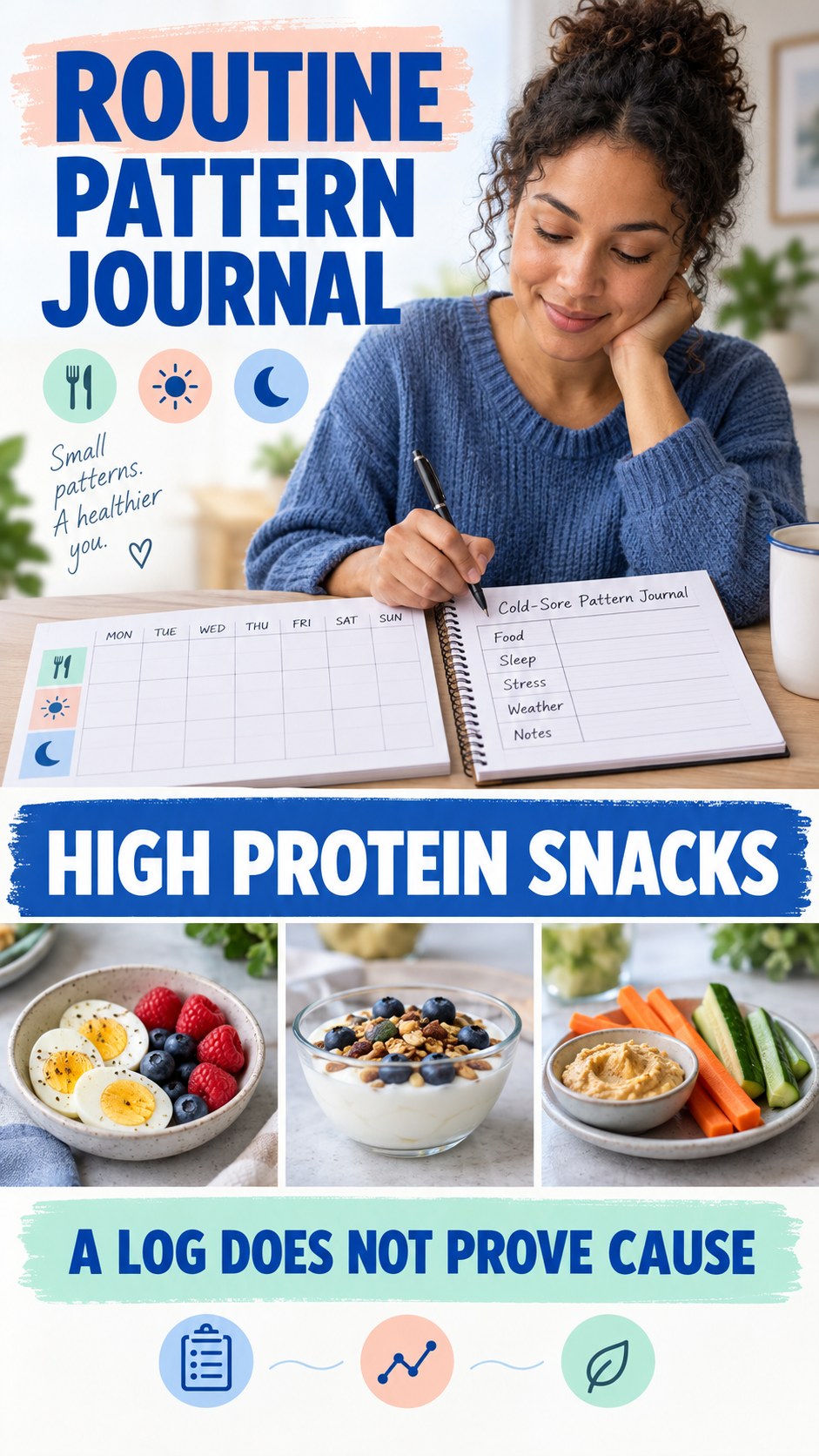 Routine Pattern Journal infographic for High Protein Snacks, explaining that possible cold-sore triggers vary by person.
