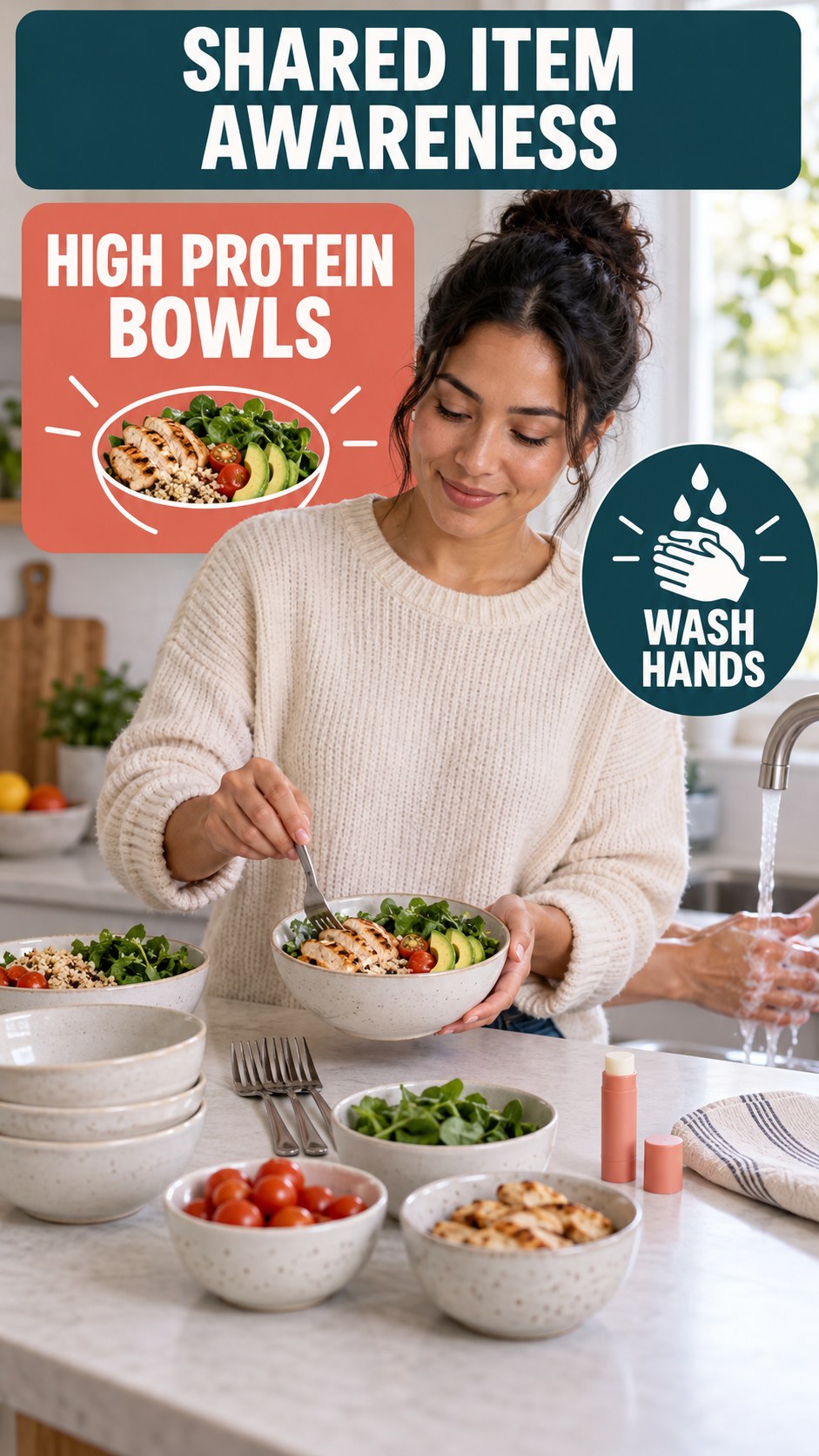 Shared Item Awareness infographic for High Protein Bowls, explaining that possible cold-sore triggers vary by person.