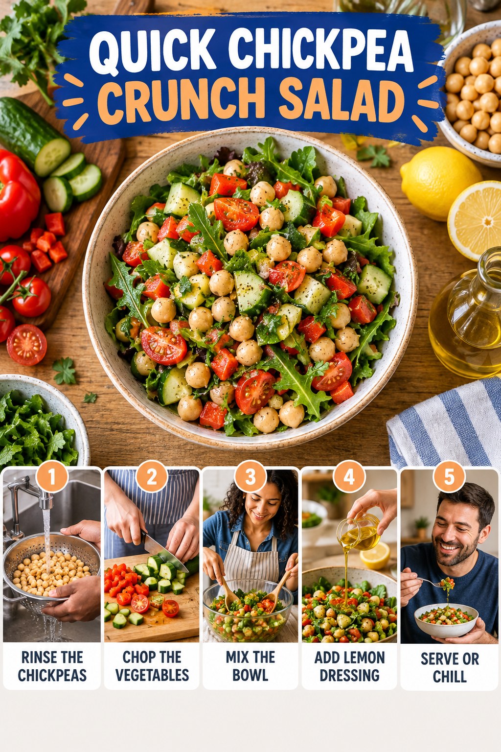 Quick Chickpea Crunch Salad for Healthy Weight Loss with five readable preparation cues and a realistic finished dish.