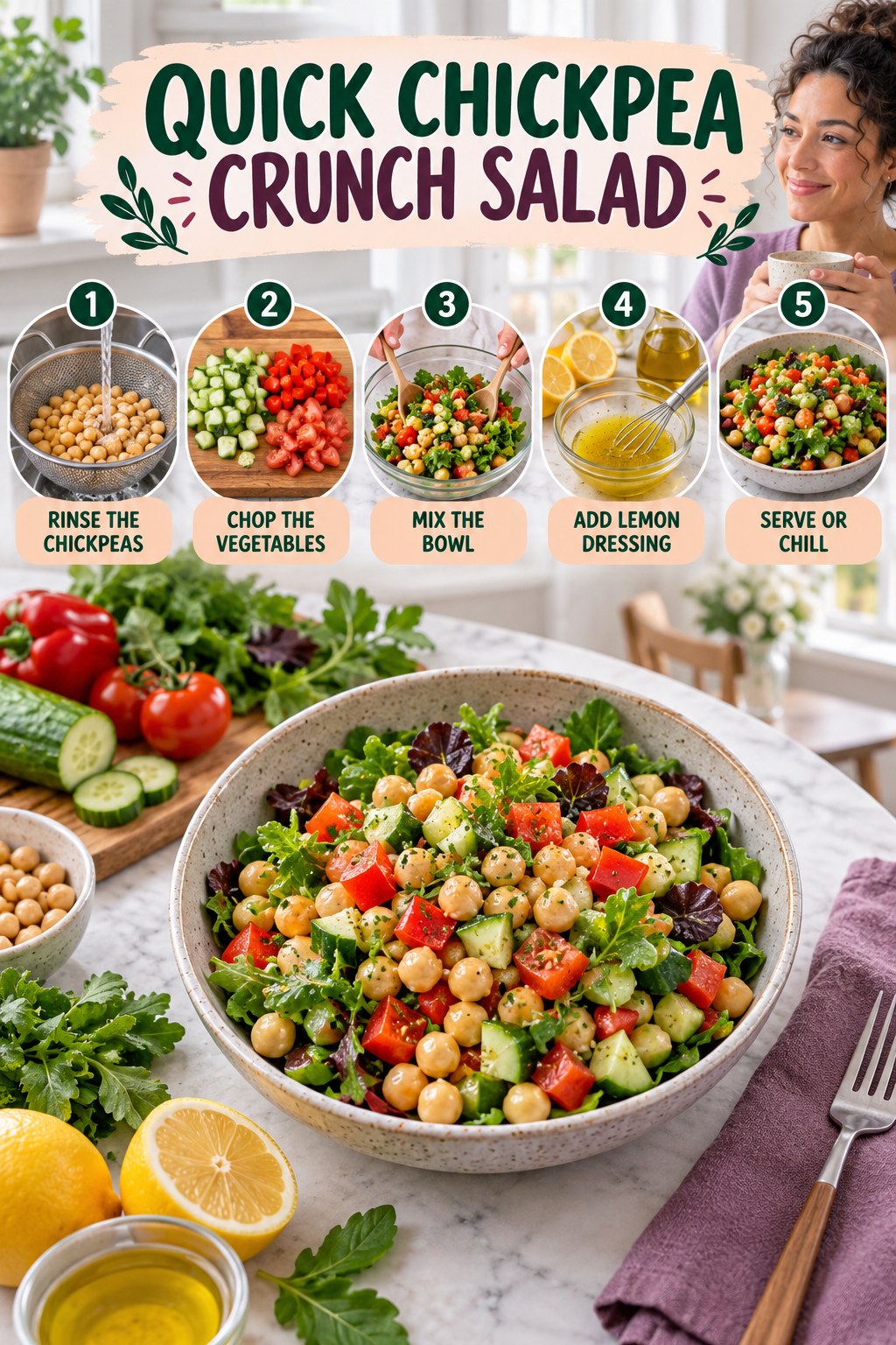 Quick Chickpea Crunch Salad for Weight Loss for Women with five readable preparation cues and a realistic finished dish.
