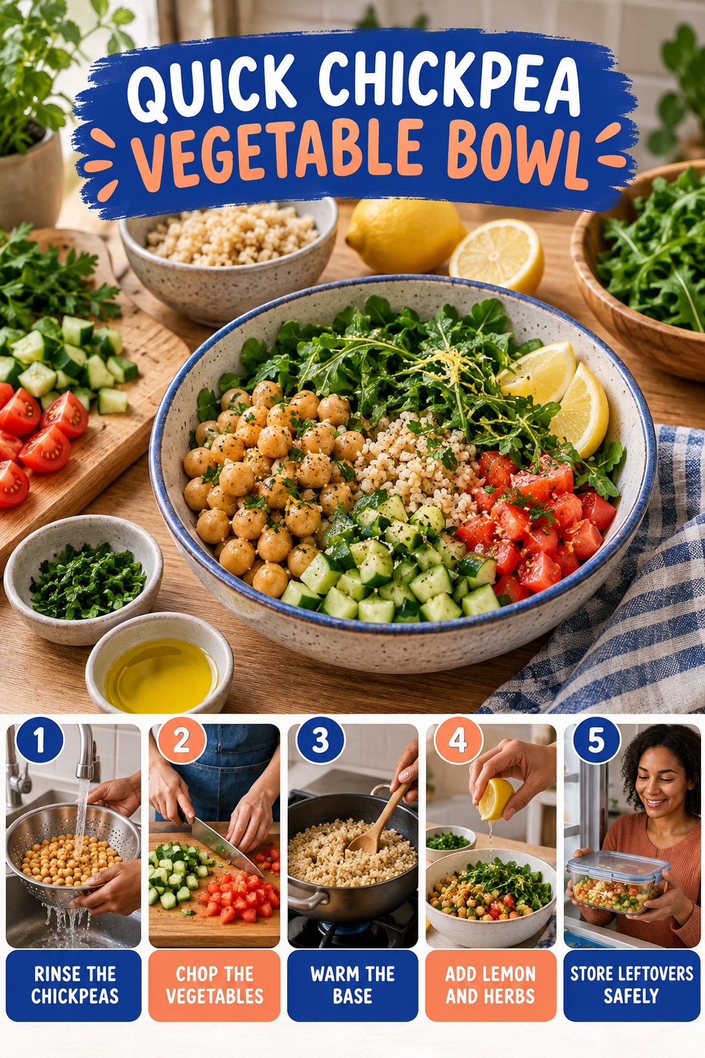 Quick Chickpea Vegetable Bowl for Budget Healthy Meals with five readable preparation cues and a realistic finished dish.