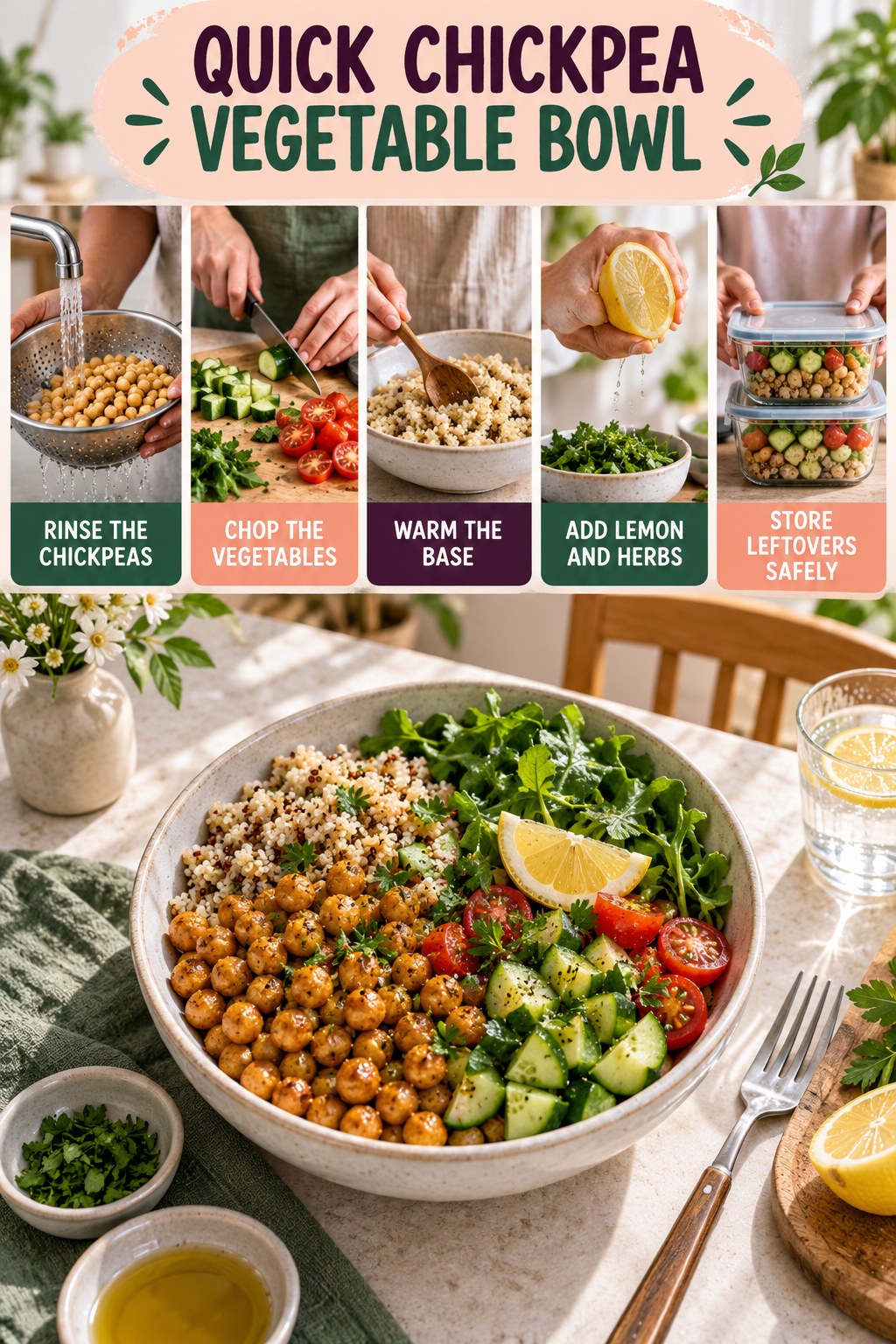Quick Chickpea Vegetable Bowl for Healthy Air Fryer Recipes with five readable preparation cues and a realistic finished dish.