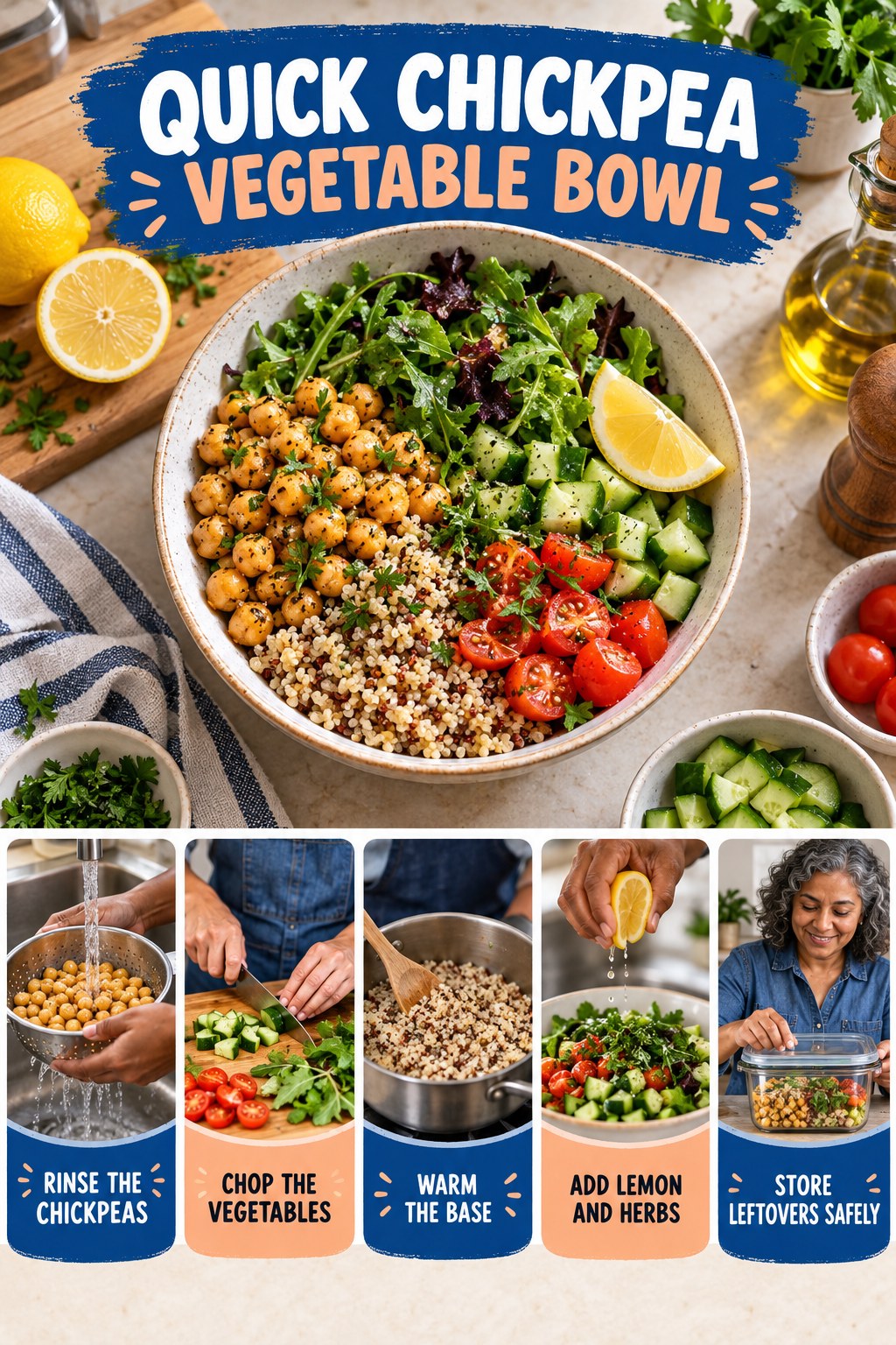 Quick Chickpea Vegetable Bowl for Healthy Eating with five readable preparation cues and a realistic finished dish.