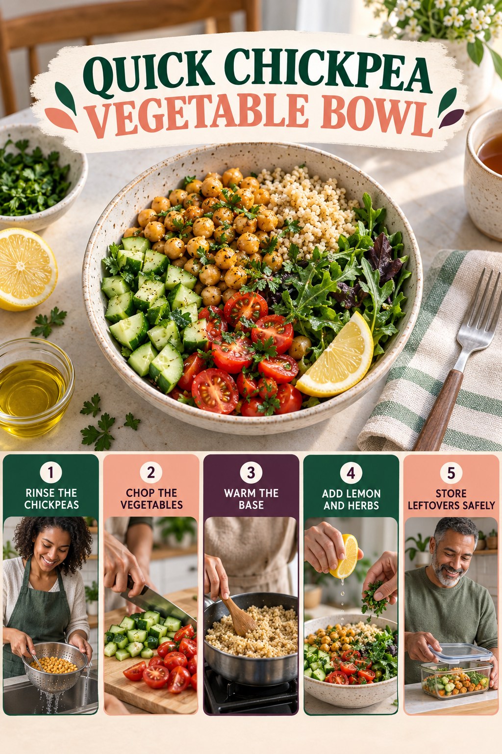 Quick Chickpea Vegetable Bowl for Healthy Lunch Recipes with five readable preparation cues and a realistic finished dish.
